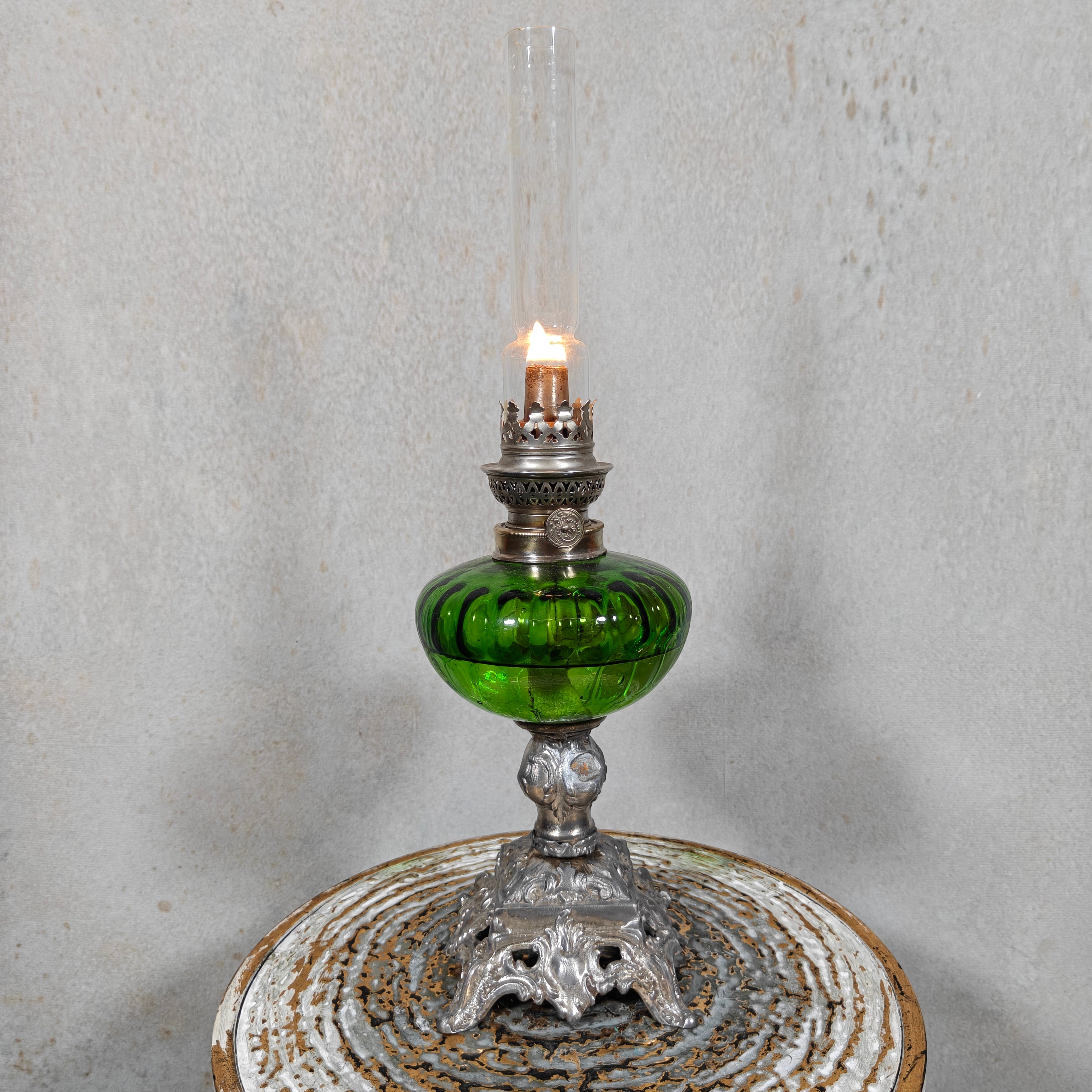Large Vintage Oil Lamp – Hugo Schneider Burner – Green Reservoir – 1930s