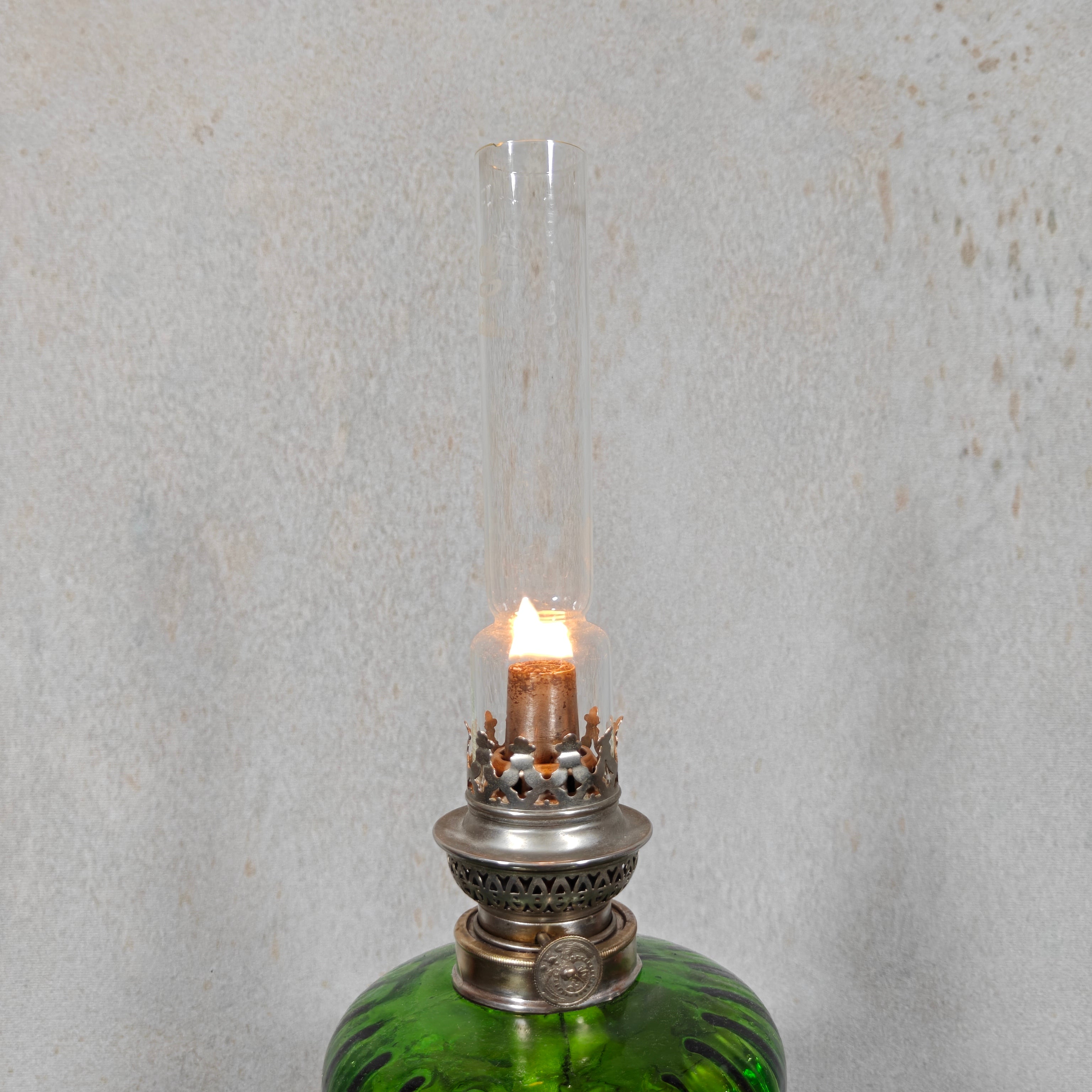 Large Vintage Oil Lamp – Hugo Schneider Burner – Green Reservoir – 1930s