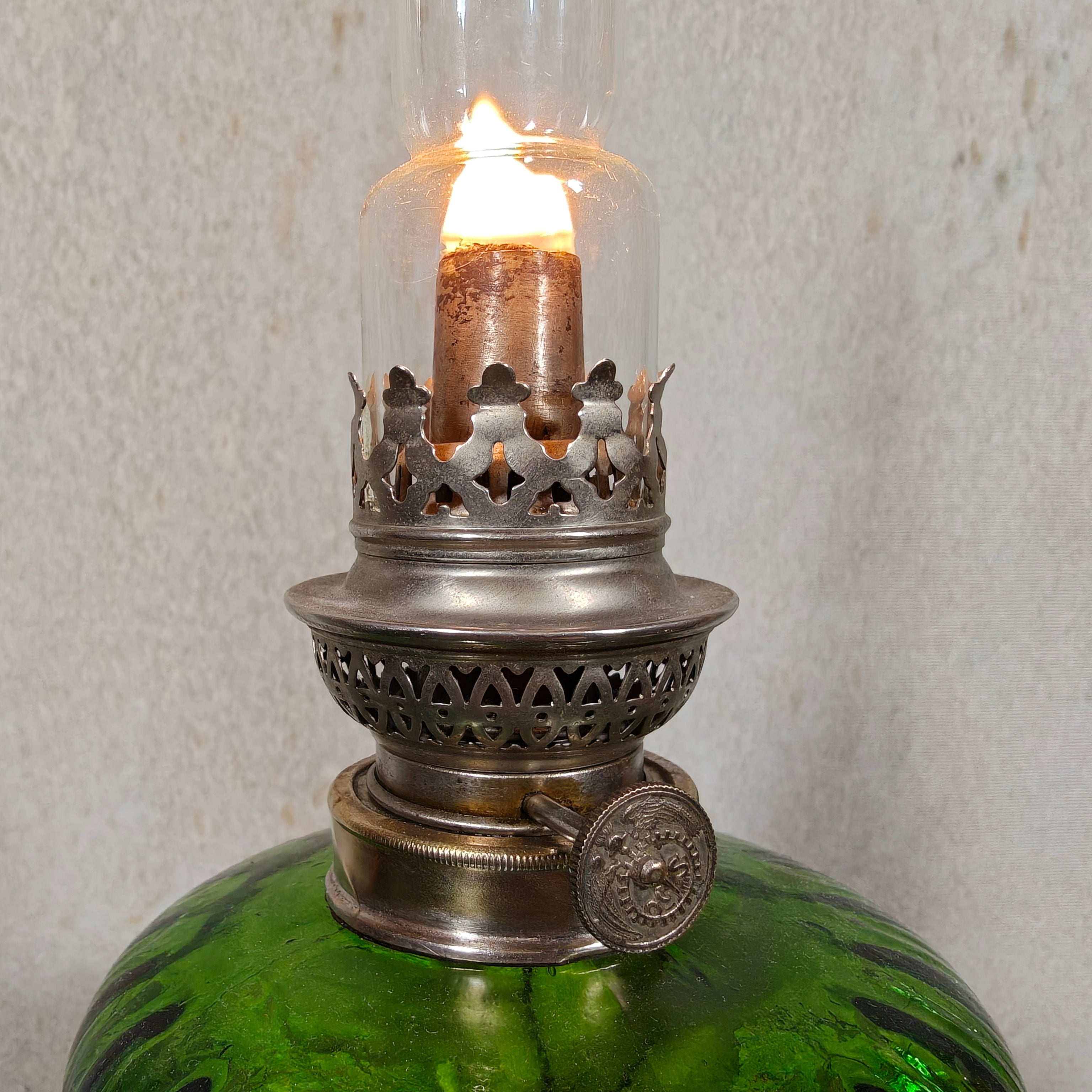 Large Vintage Oil Lamp – Hugo Schneider Burner – Green Reservoir – 1930s