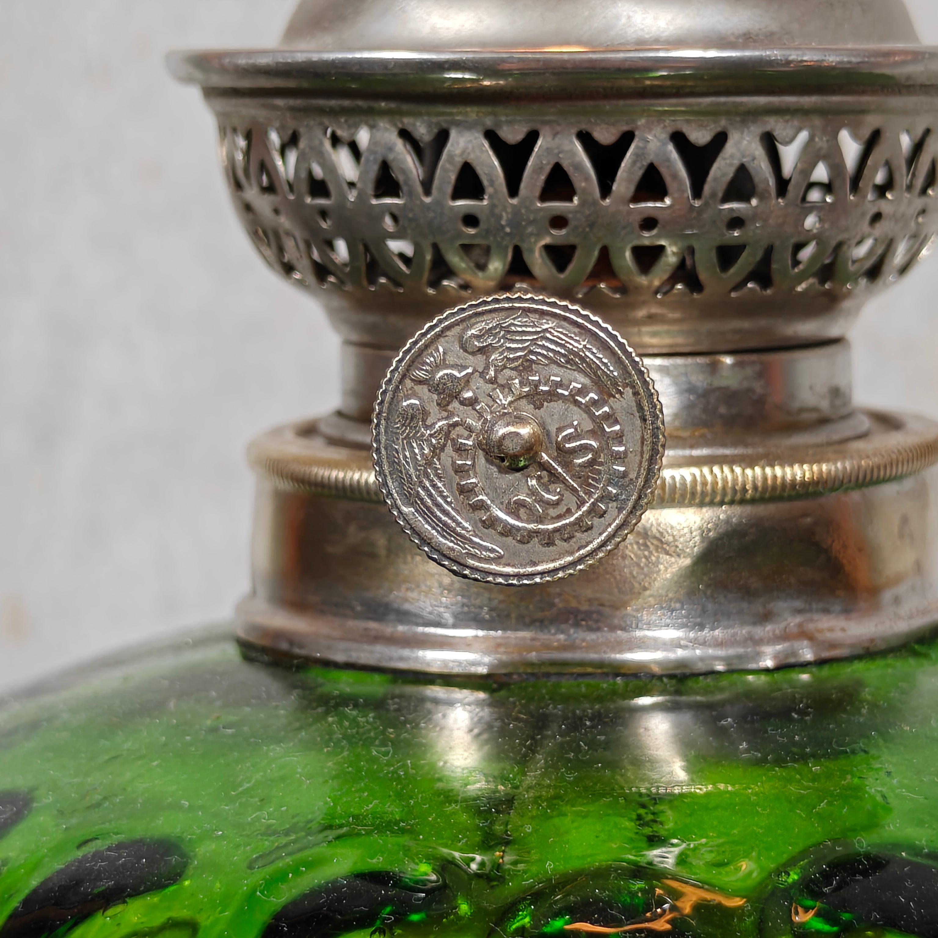 Large Vintage Oil Lamp – Hugo Schneider Burner – Green Reservoir – 1930s