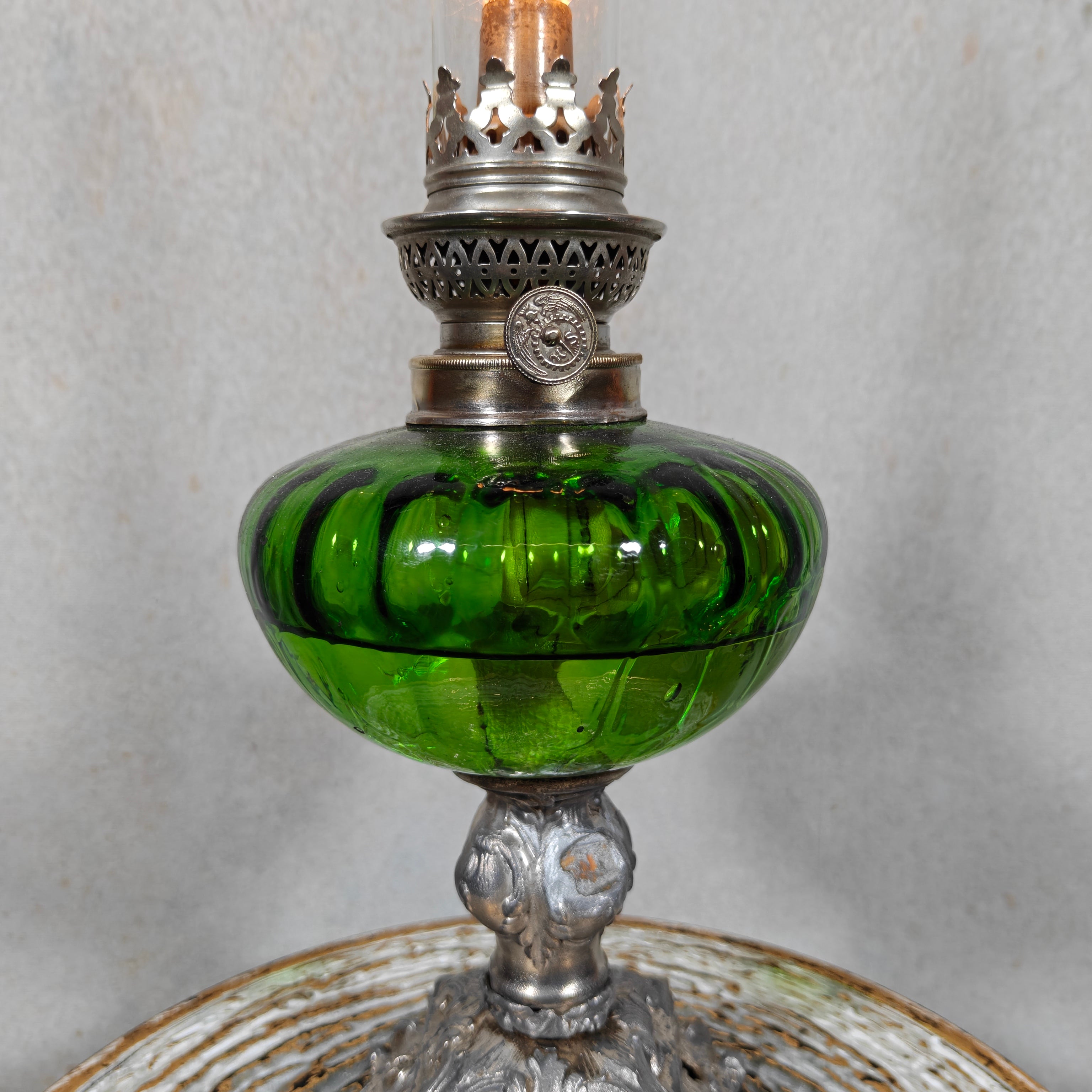 Large Vintage Oil Lamp – Hugo Schneider Burner – Green Reservoir – 1930s