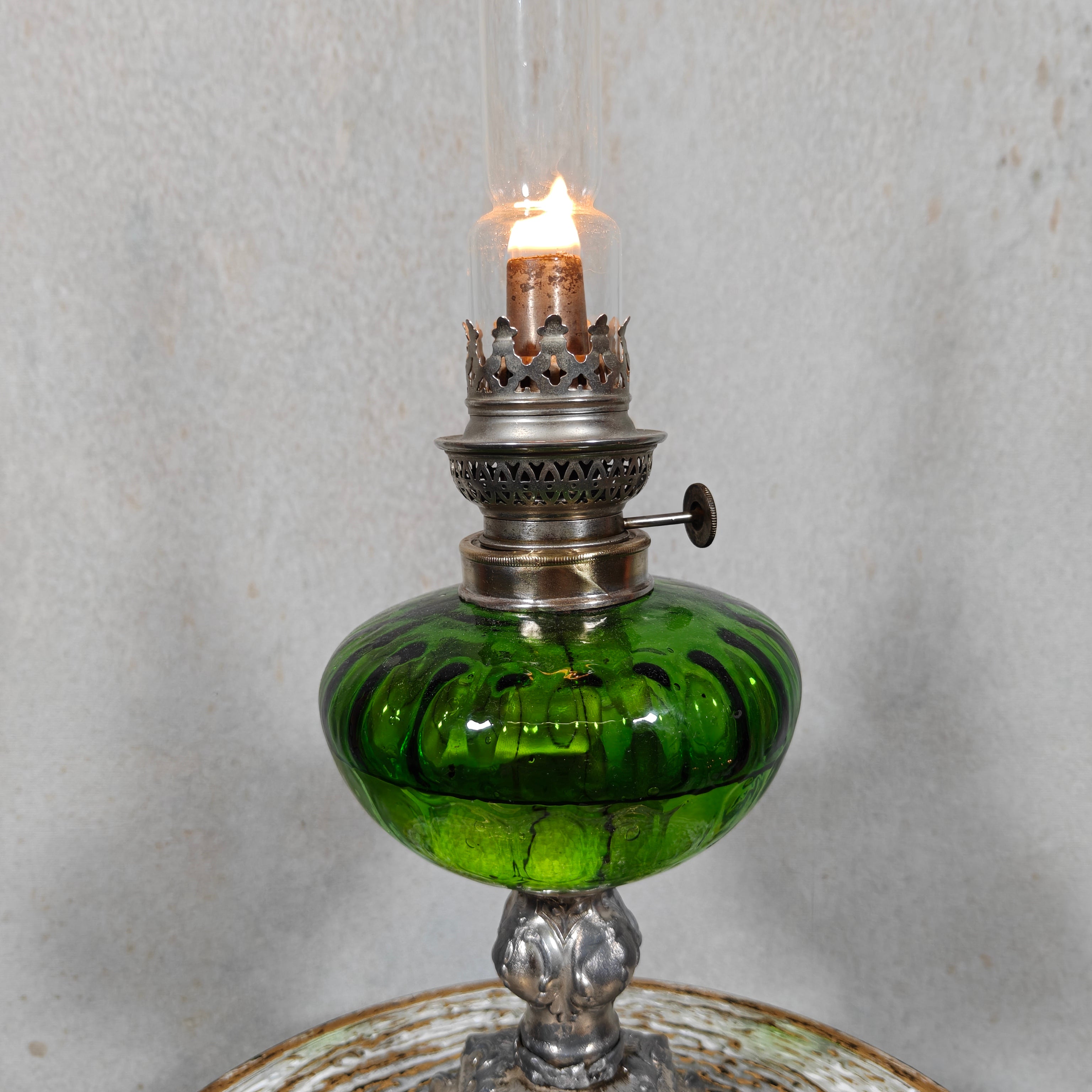 Large Vintage Oil Lamp – Hugo Schneider Burner – Green Reservoir – 1930s