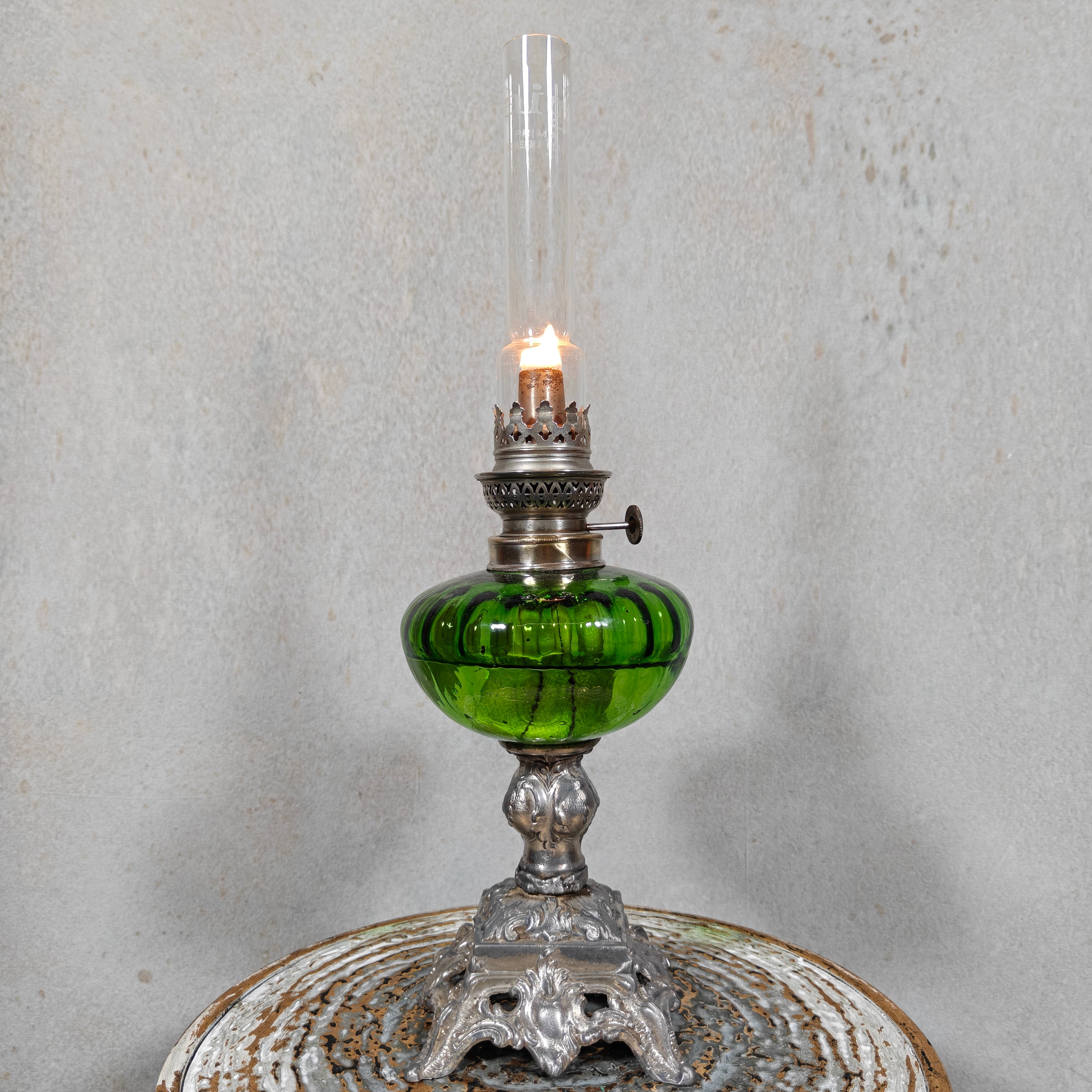 Large Vintage Oil Lamp – Hugo Schneider Burner – Green Reservoir – 1930s