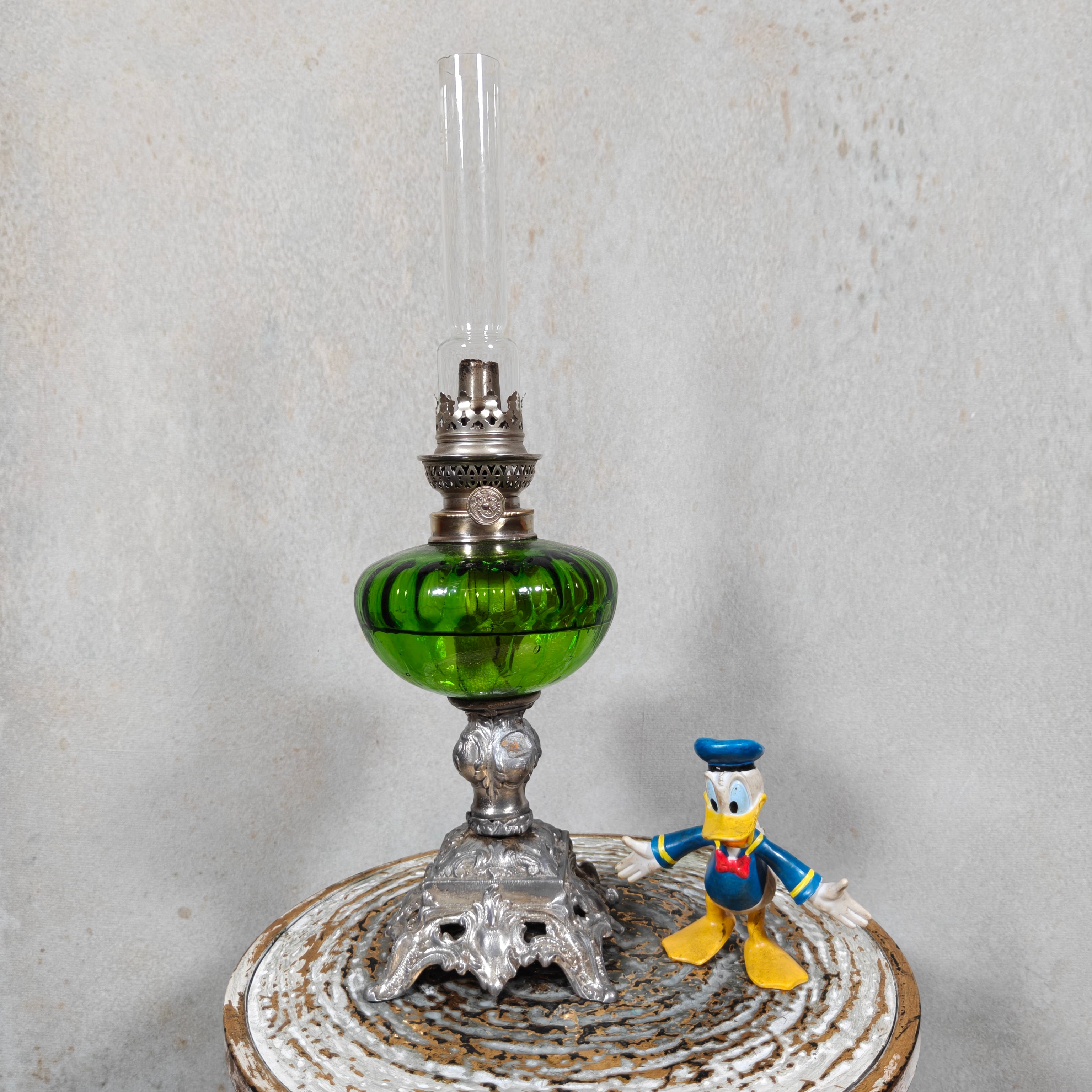 Large Vintage Oil Lamp – Hugo Schneider Burner – Green Reservoir – 1930s