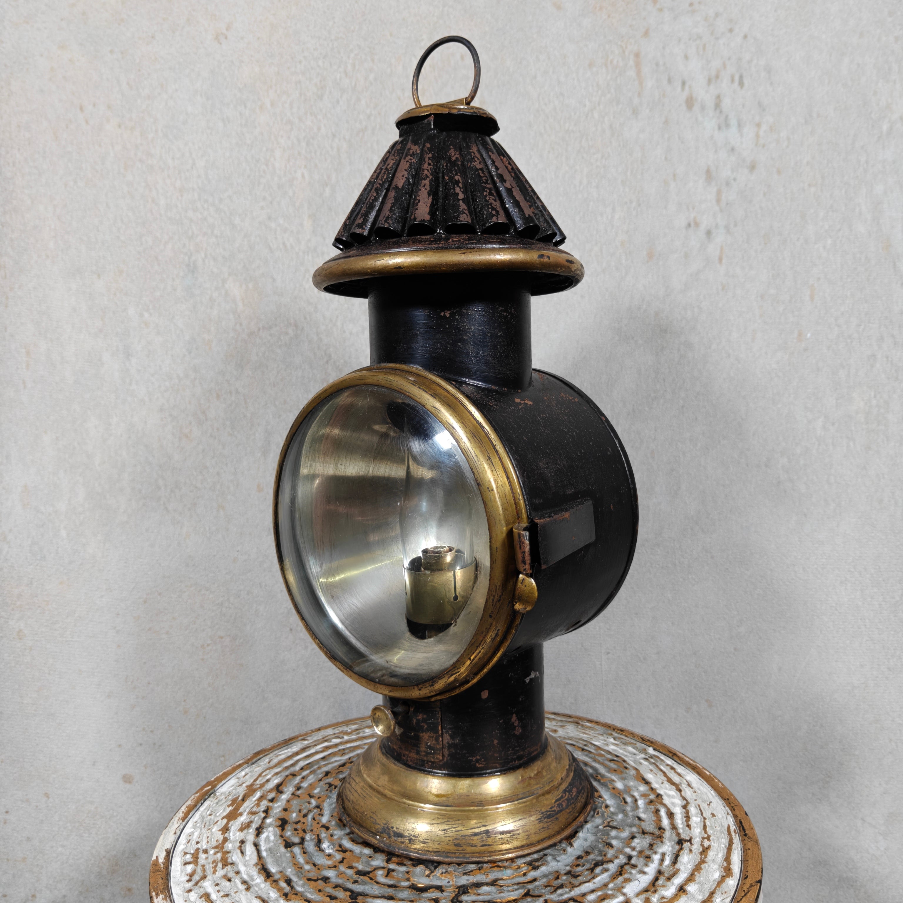 Rare Antique Brass Railway Lamp – Black Finish – ca. 1900