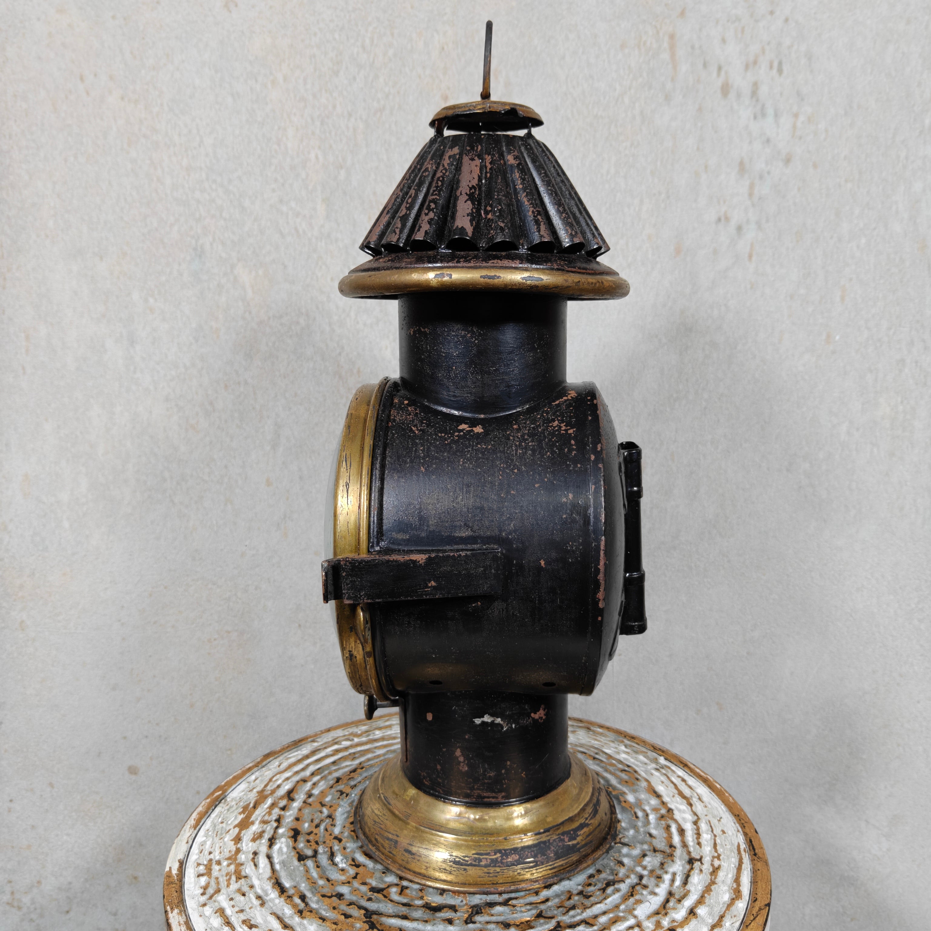 Rare Antique Brass Railway Lamp – Black Finish – ca. 1900