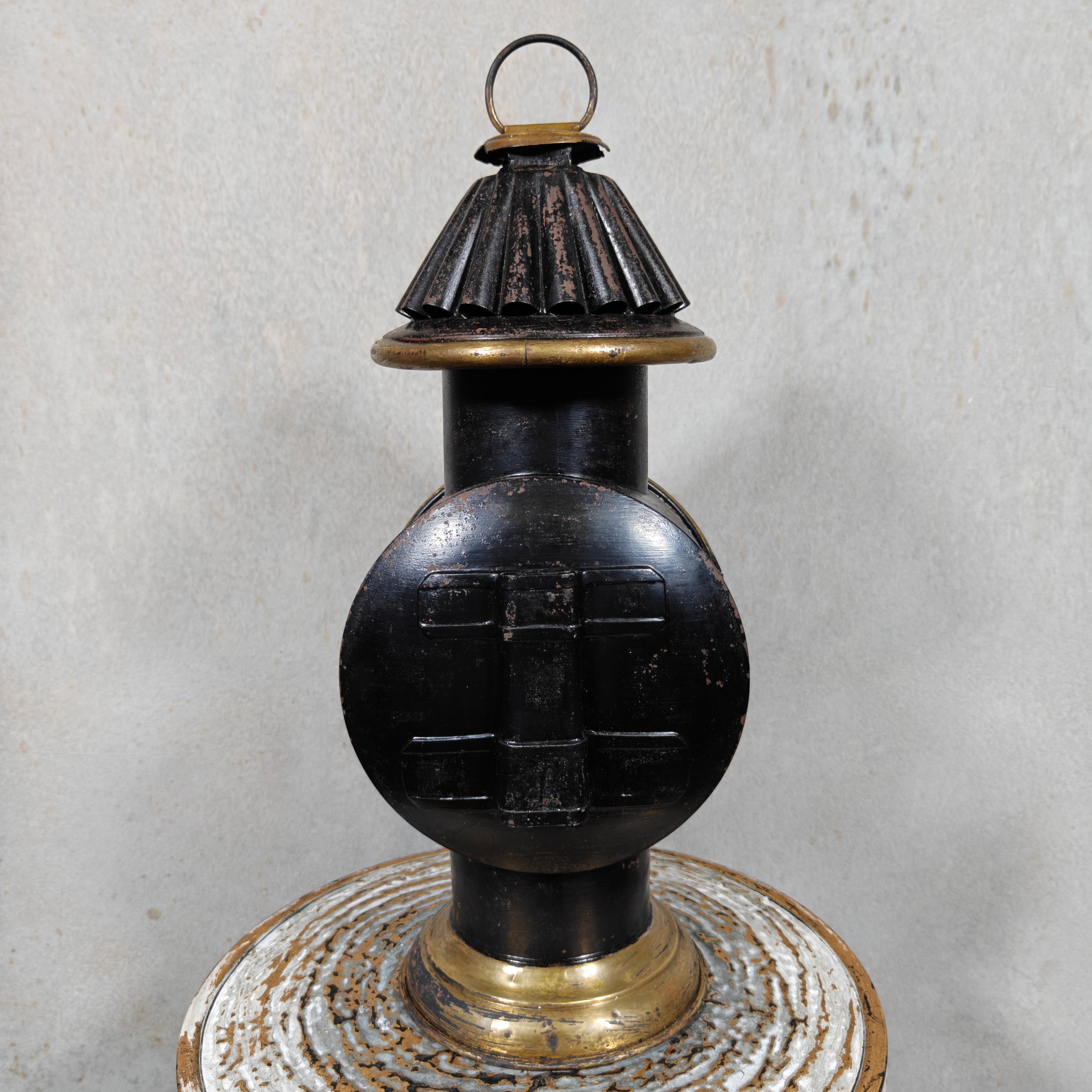Rare Antique Brass Railway Lamp – Black Finish – ca. 1900