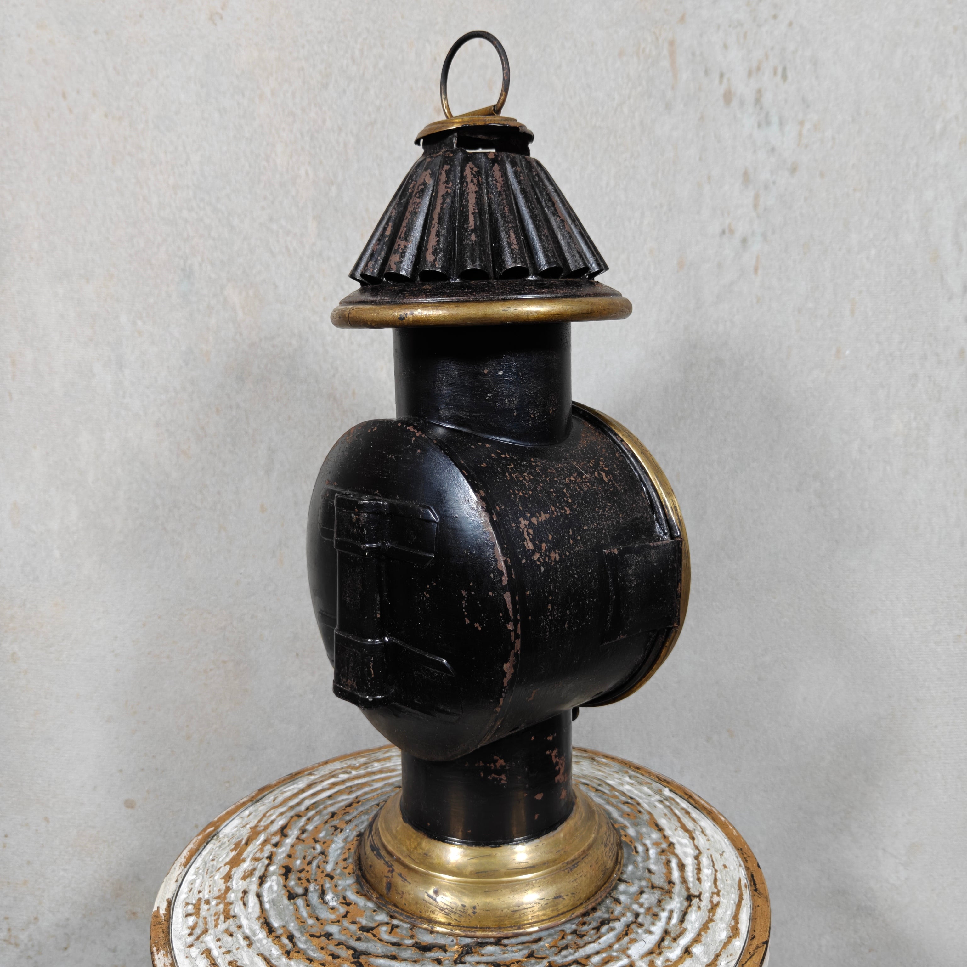 Rare Antique Brass Railway Lamp – Black Finish – ca. 1900