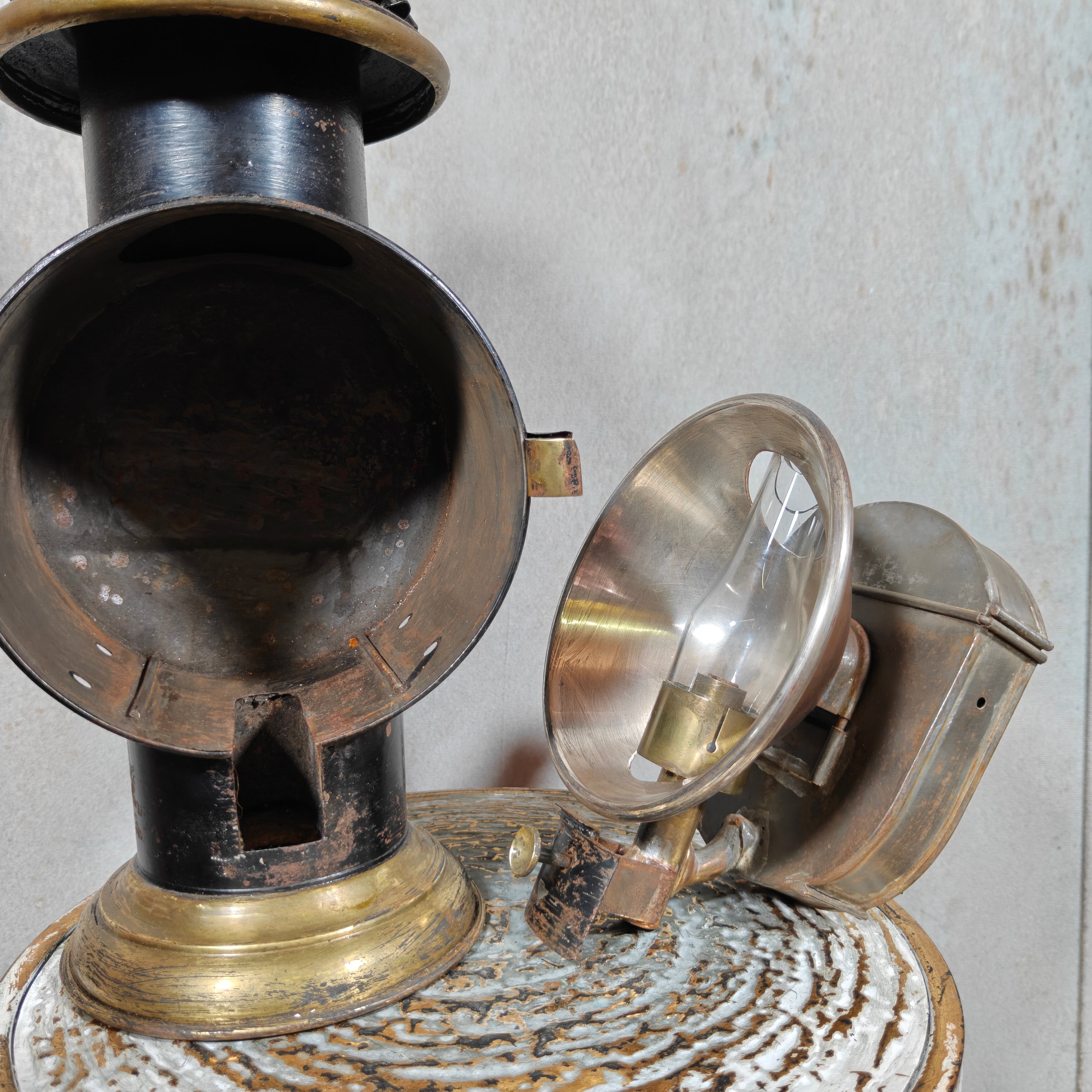 Rare Antique Brass Railway Lamp – Black Finish – ca. 1900