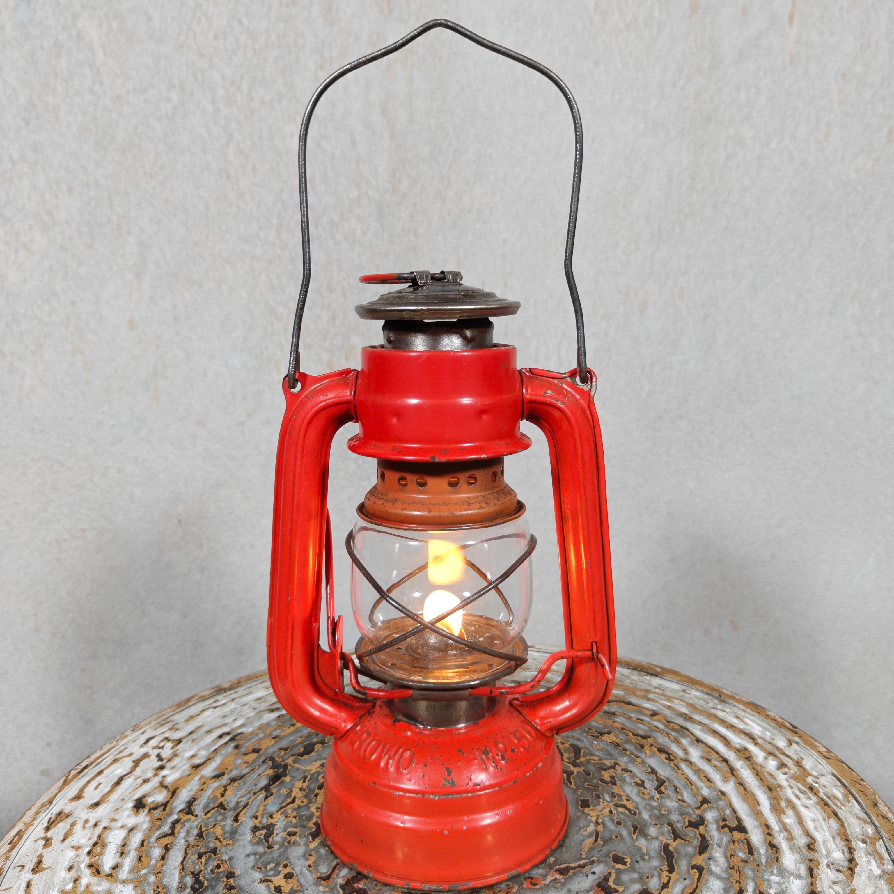 Vintage Frowo No. 50 Hurricane Lantern – Small German Oil Lantern Red & Steel Finish