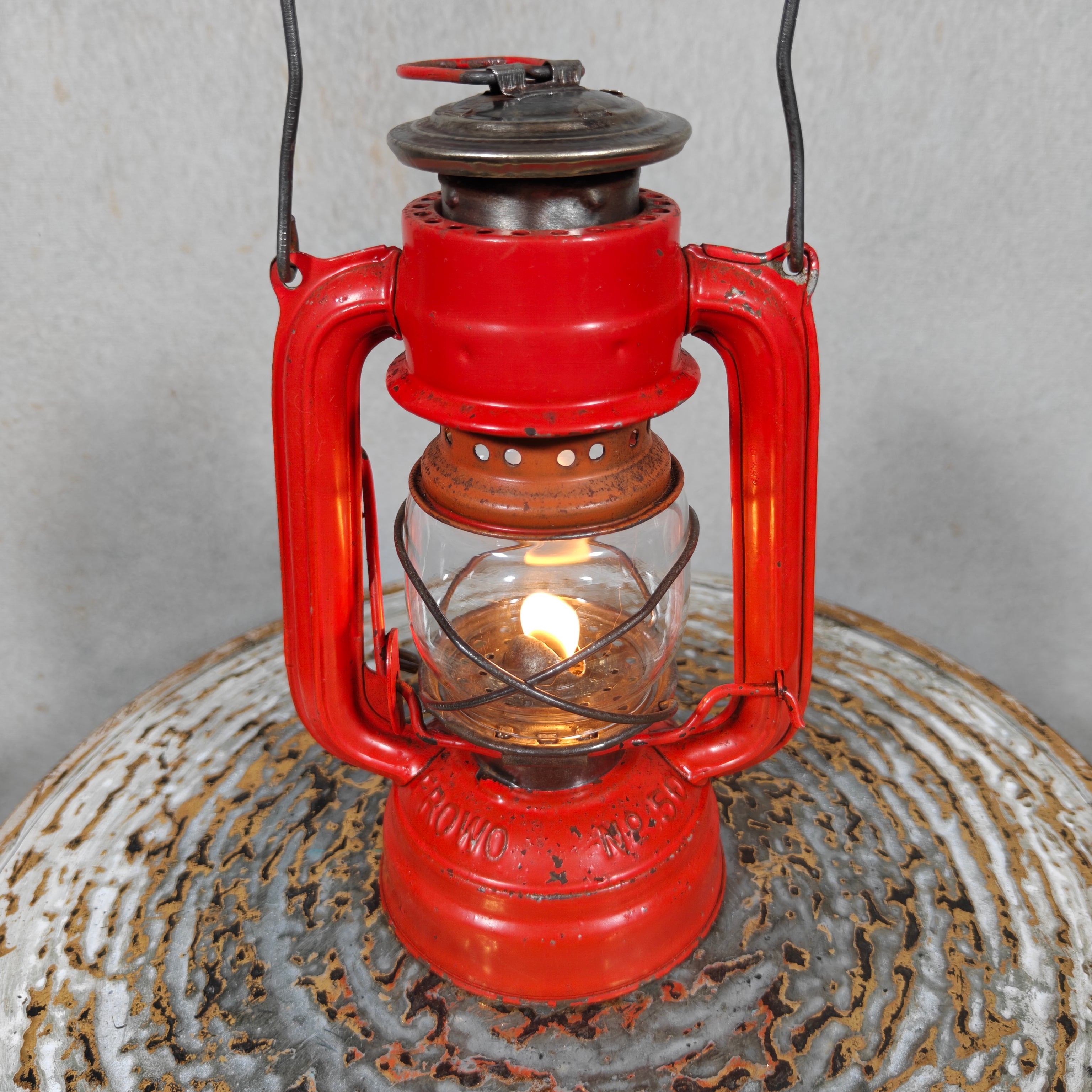 Vintage Frowo No. 50 Hurricane Lantern – Small German Oil Lantern Red & Steel Finish