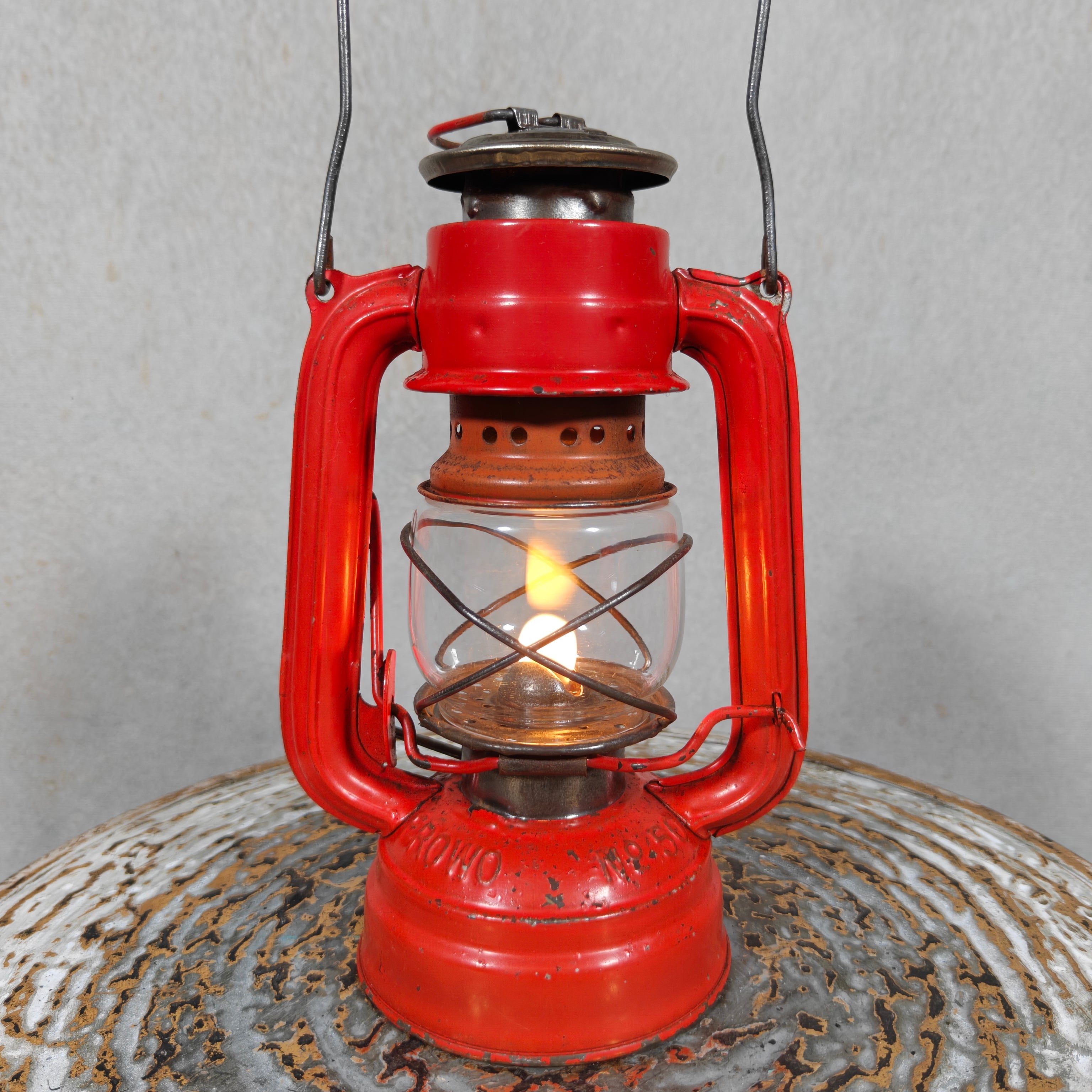 Vintage Frowo No. 50 Hurricane Lantern – Small German Oil Lantern Red & Steel Finish