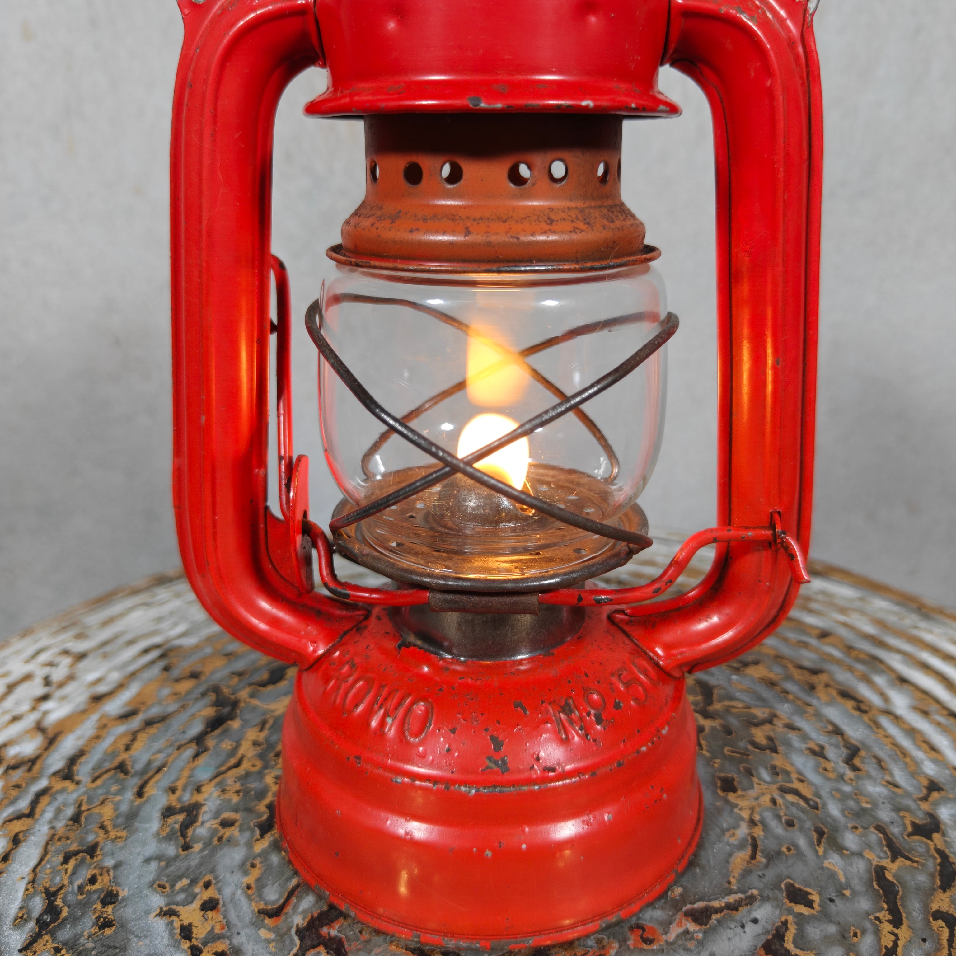Vintage Frowo No. 50 Hurricane Lantern – Small German Oil Lantern Red & Steel Finish