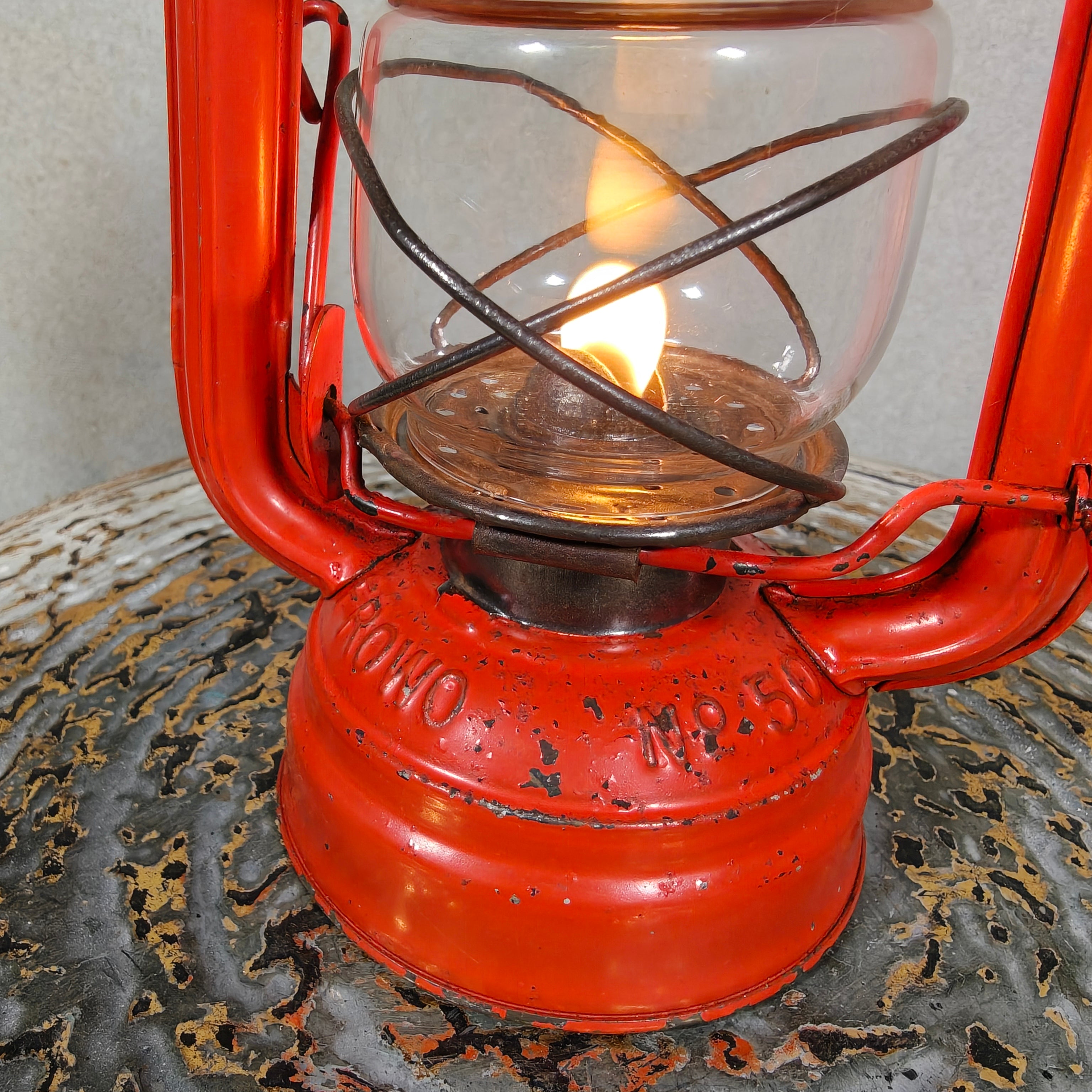 Vintage Frowo No. 50 Hurricane Lantern – Small German Oil Lantern Red & Steel Finish