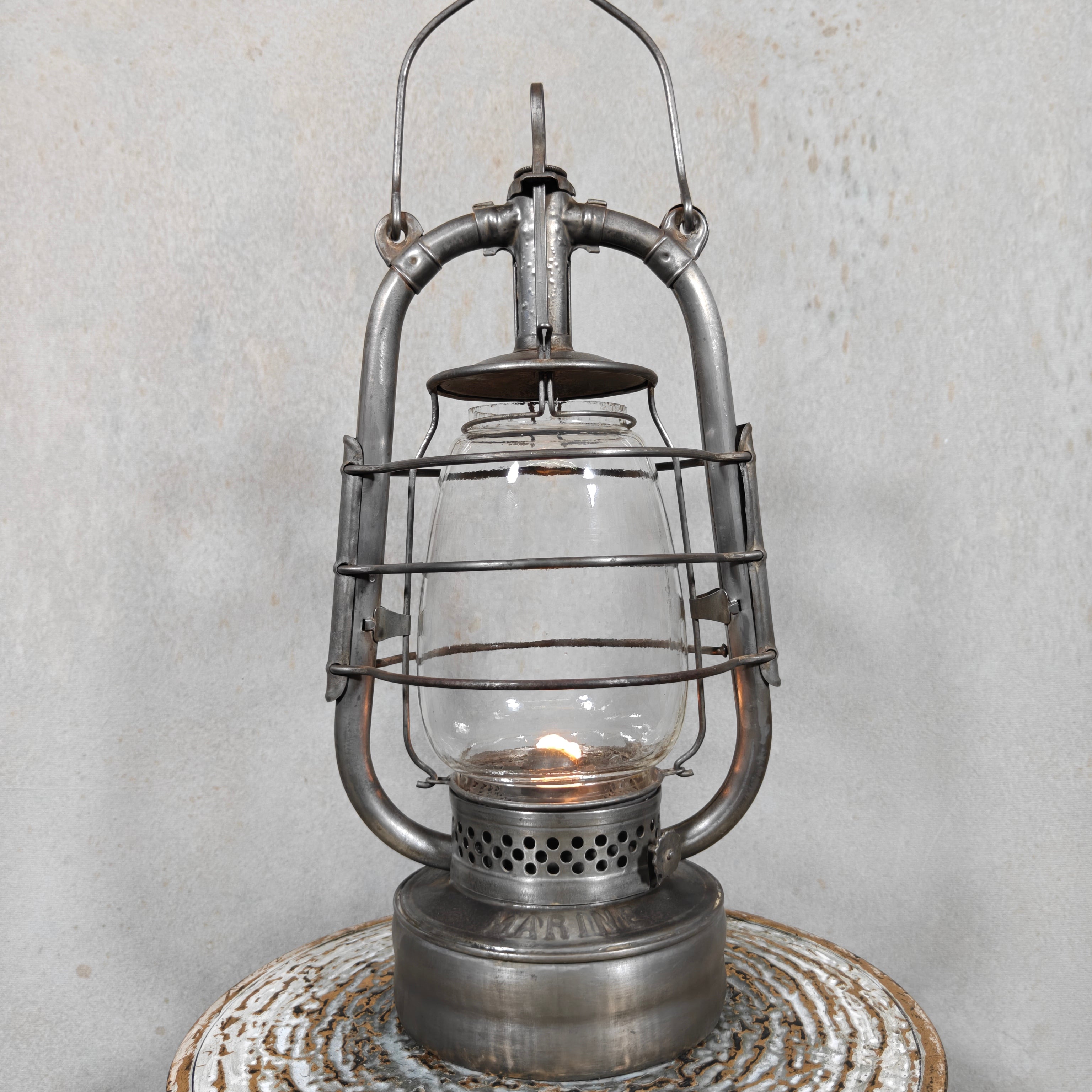 Rare 1930s French ALG Marine Hurricane Lantern – Large Antique Oil Lantern with Early Details