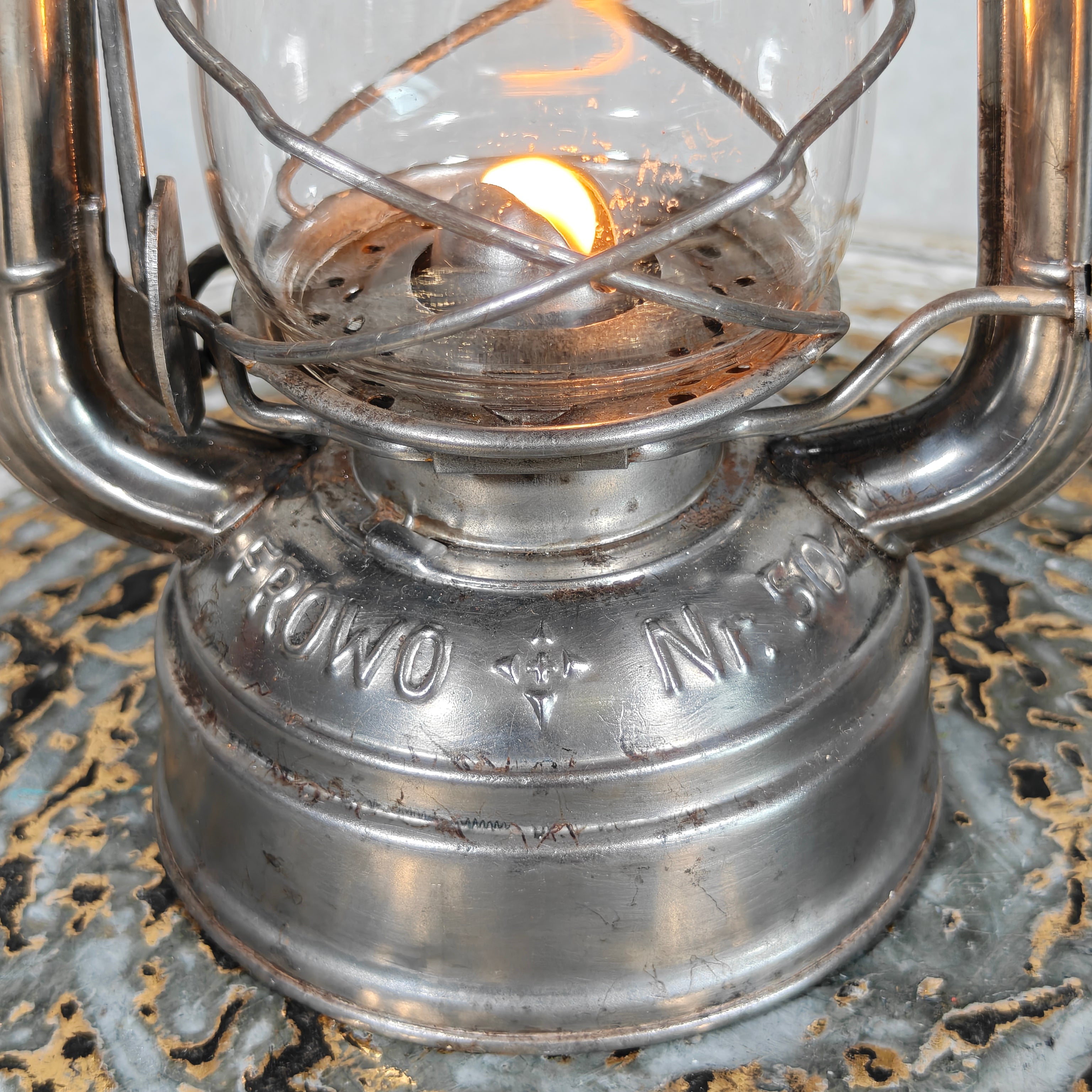 Rare Vintage Frowo No. 50 Hurricane Lantern with Compass Rose Tank Logo – 1950s German Oil Lantern