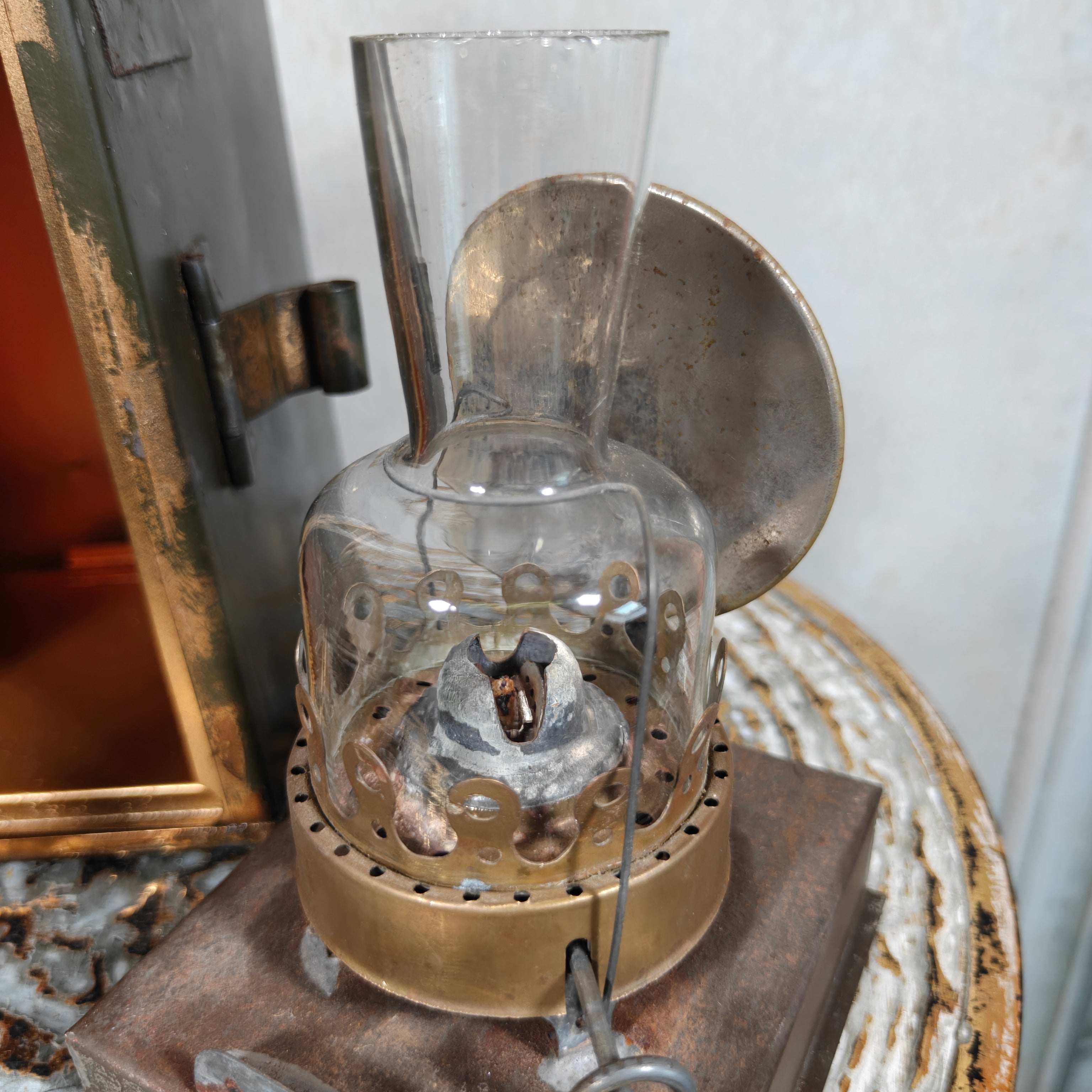 Vintage Signal Lantern with Red & Orange Glass Inserts – Military Style Oil Hand Lamp 1950s/60s