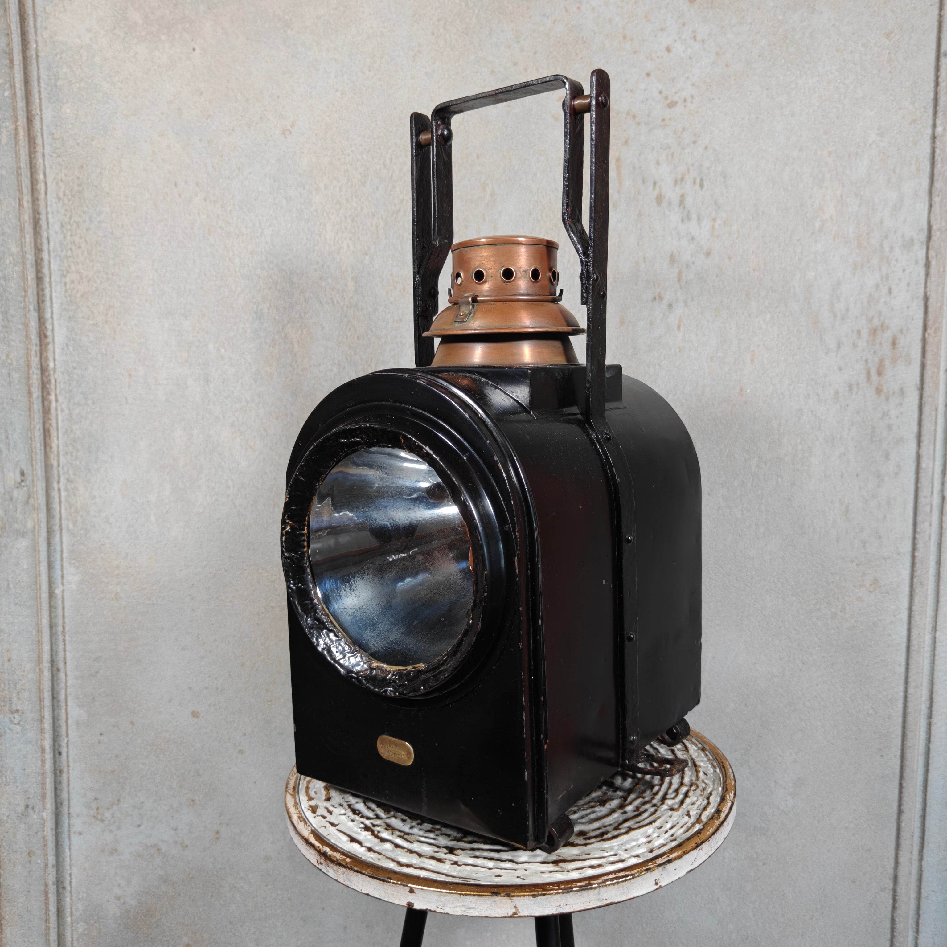 Large Antique Dutch Railway Tail Lamp by J.J. van Dijk – NS Train Signal Lantern with Copper Chimney