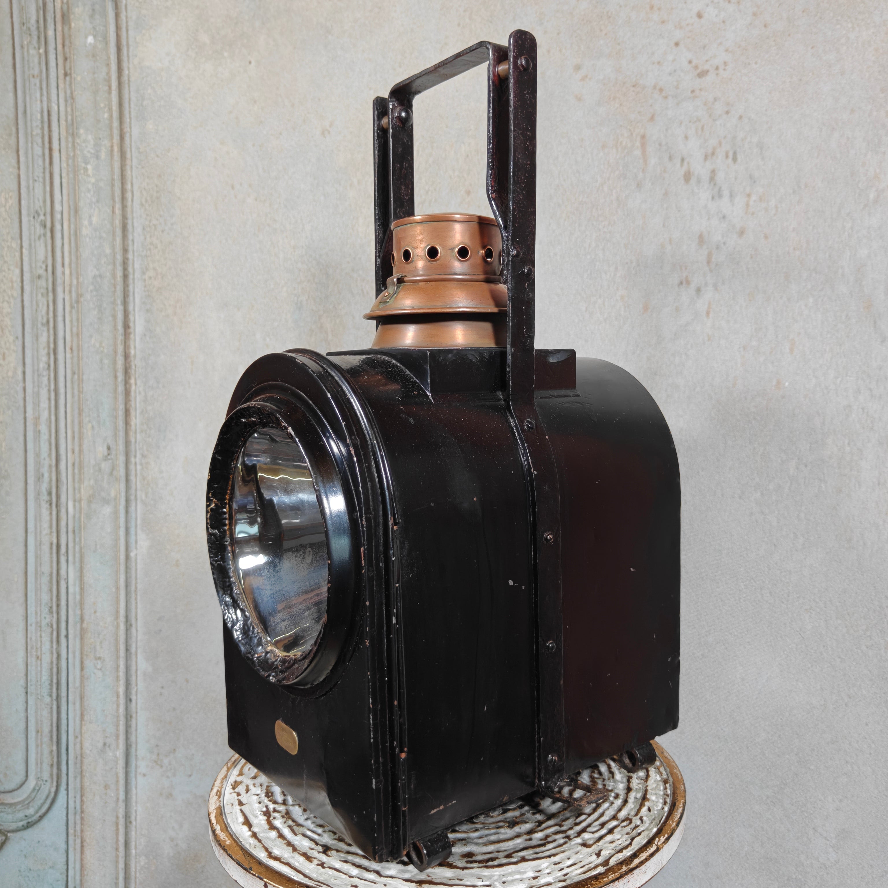 Large Antique Dutch Railway Tail Lamp by J.J. van Dijk – NS Train Signal Lantern with Copper Chimney