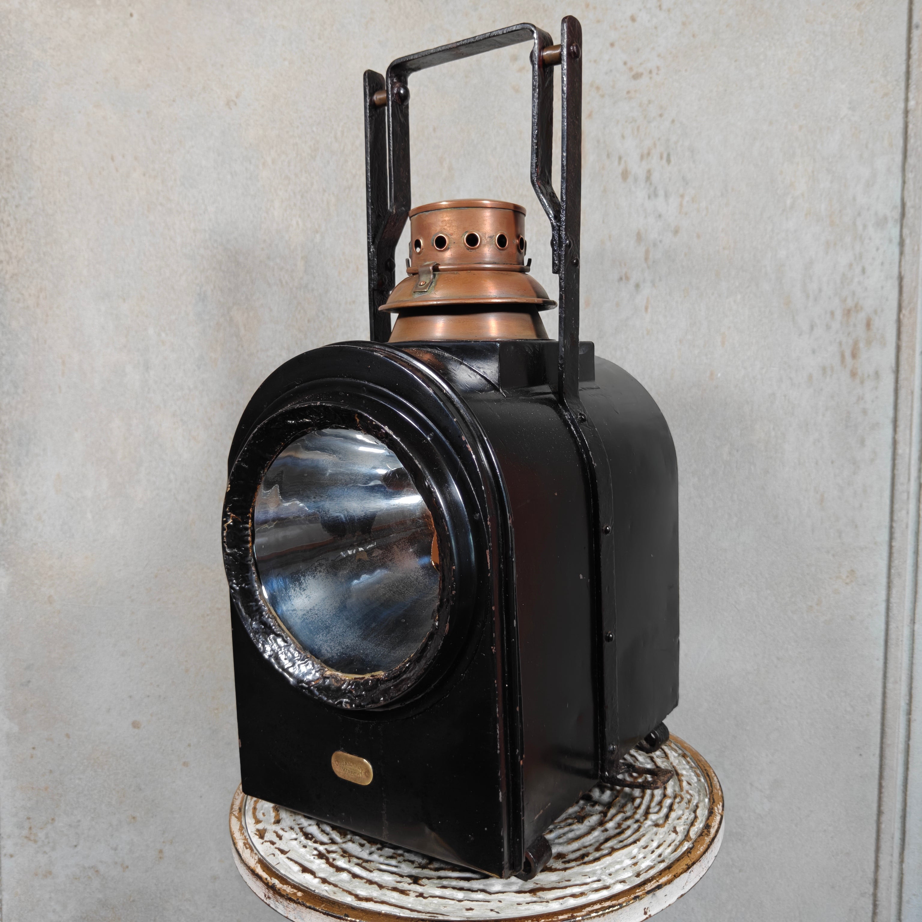 Large Antique Dutch Railway Tail Lamp by J.J. van Dijk – NS Train Signal Lantern with Copper Chimney