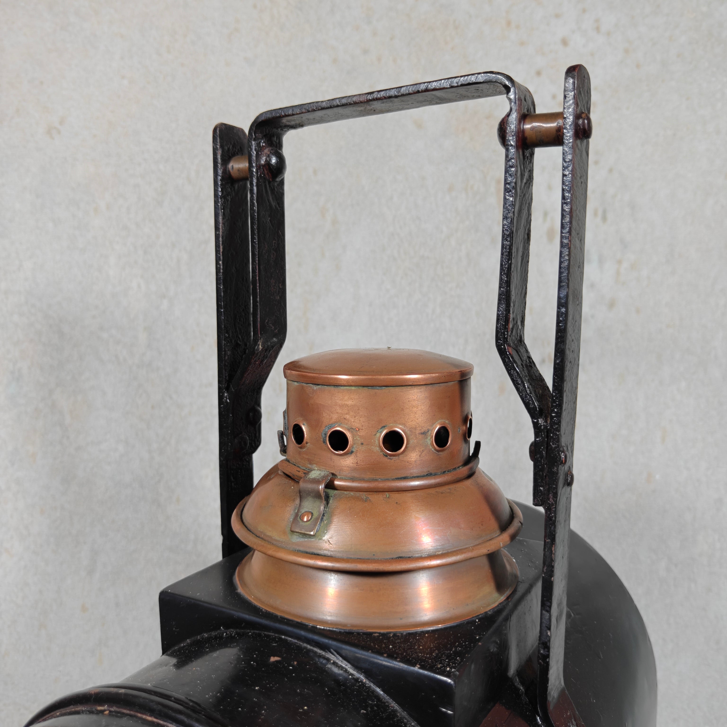 Large Antique Dutch Railway Tail Lamp by J.J. van Dijk – NS Train Signal Lantern with Copper Chimney