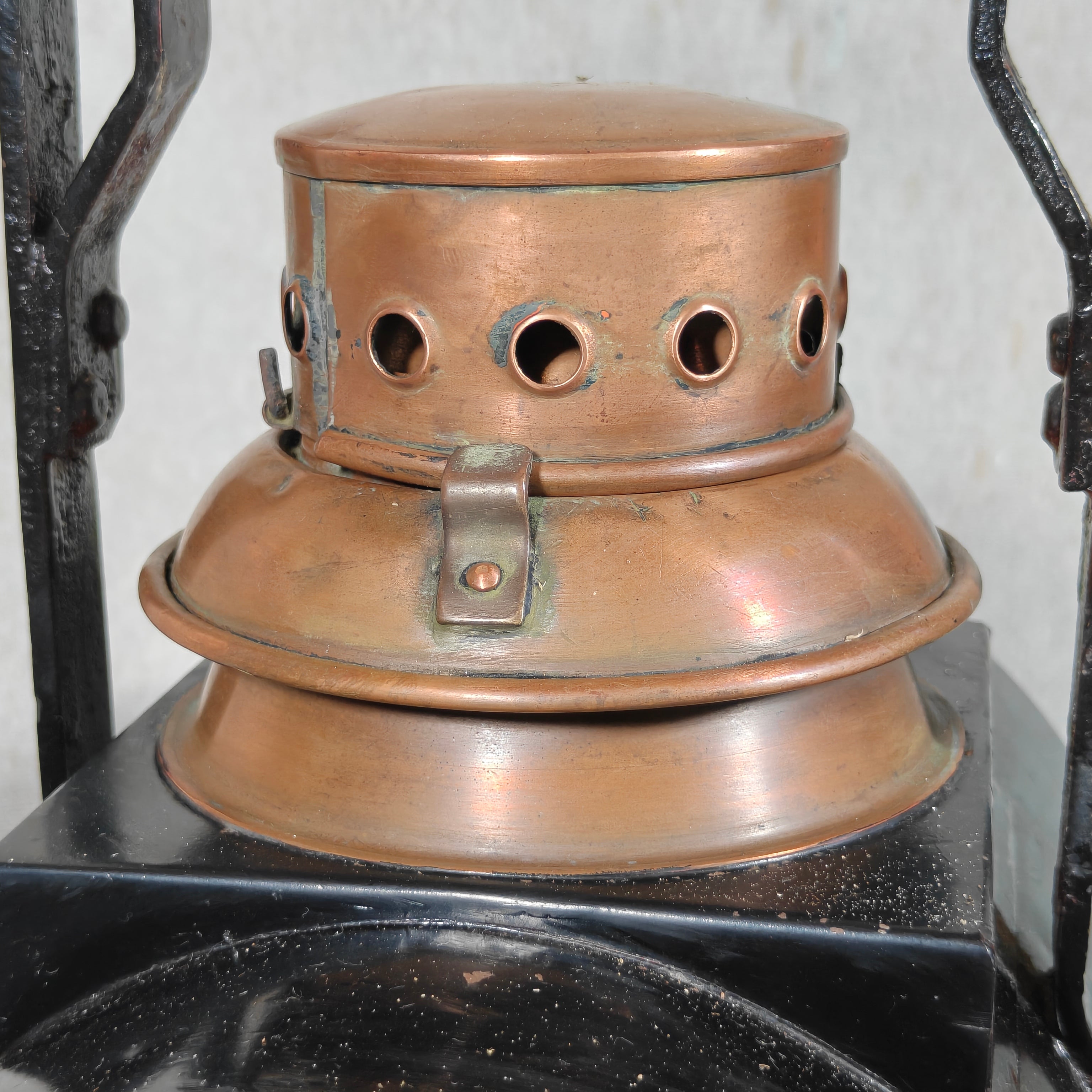 Large Antique Dutch Railway Tail Lamp by J.J. van Dijk – NS Train Signal Lantern with Copper Chimney