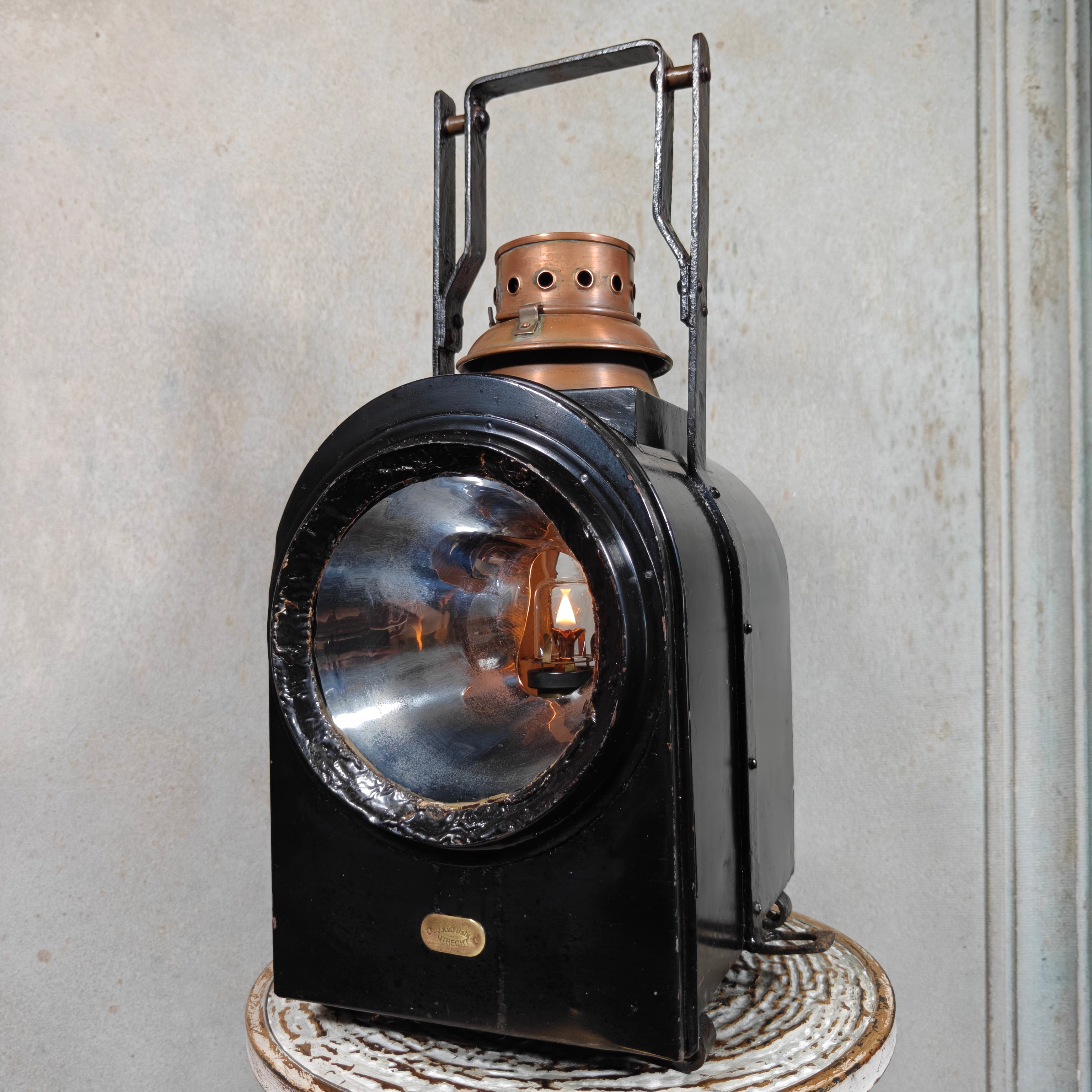 Large Antique Dutch Railway Tail Lamp by J.J. van Dijk – NS Train Signal Lantern with Copper Chimney