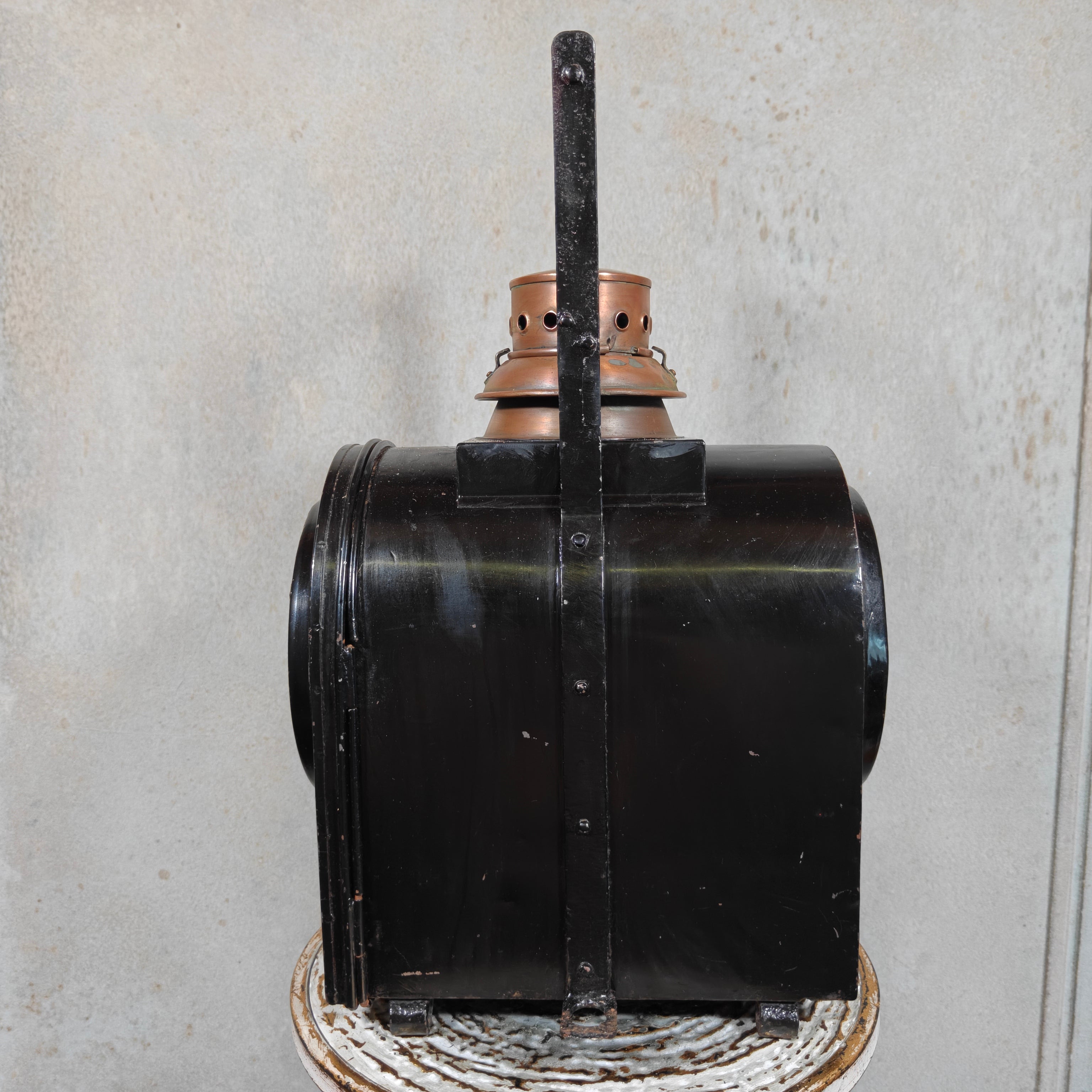 Large Antique Dutch Railway Tail Lamp by J.J. van Dijk – NS Train Signal Lantern with Copper Chimney