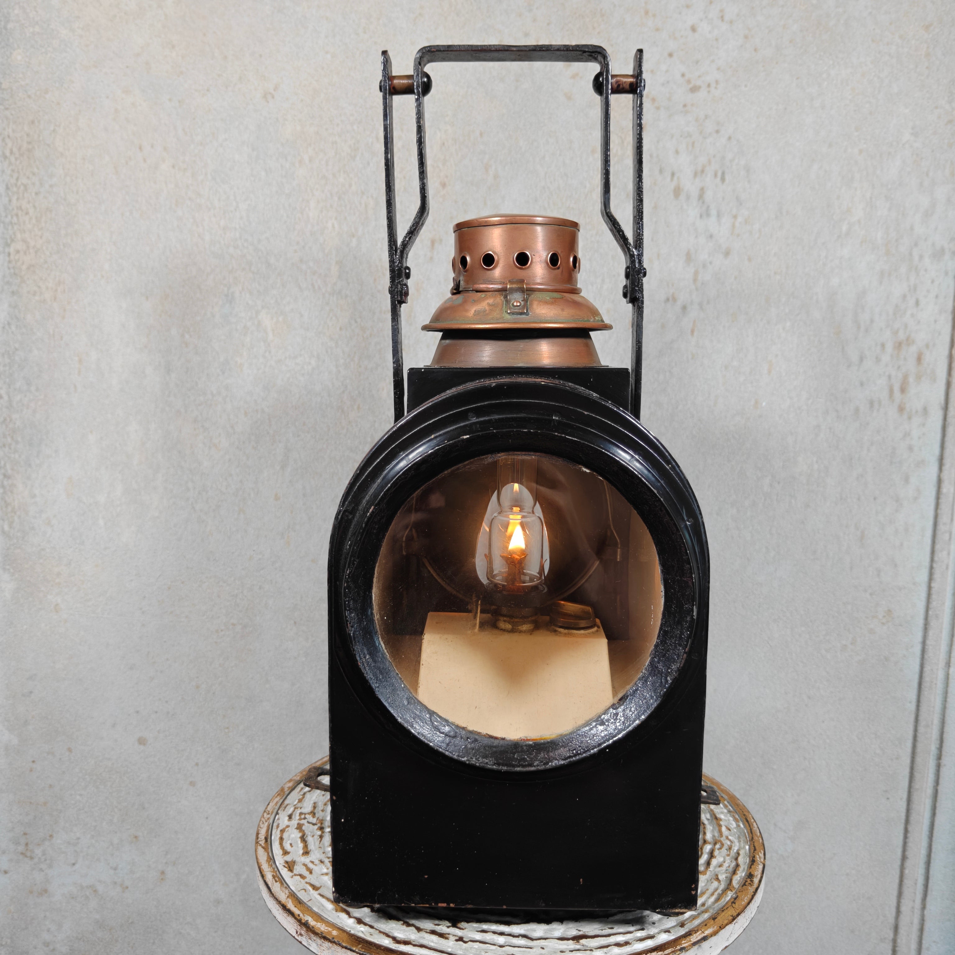 Large Antique Dutch Railway Tail Lamp by J.J. van Dijk – NS Train Signal Lantern with Copper Chimney