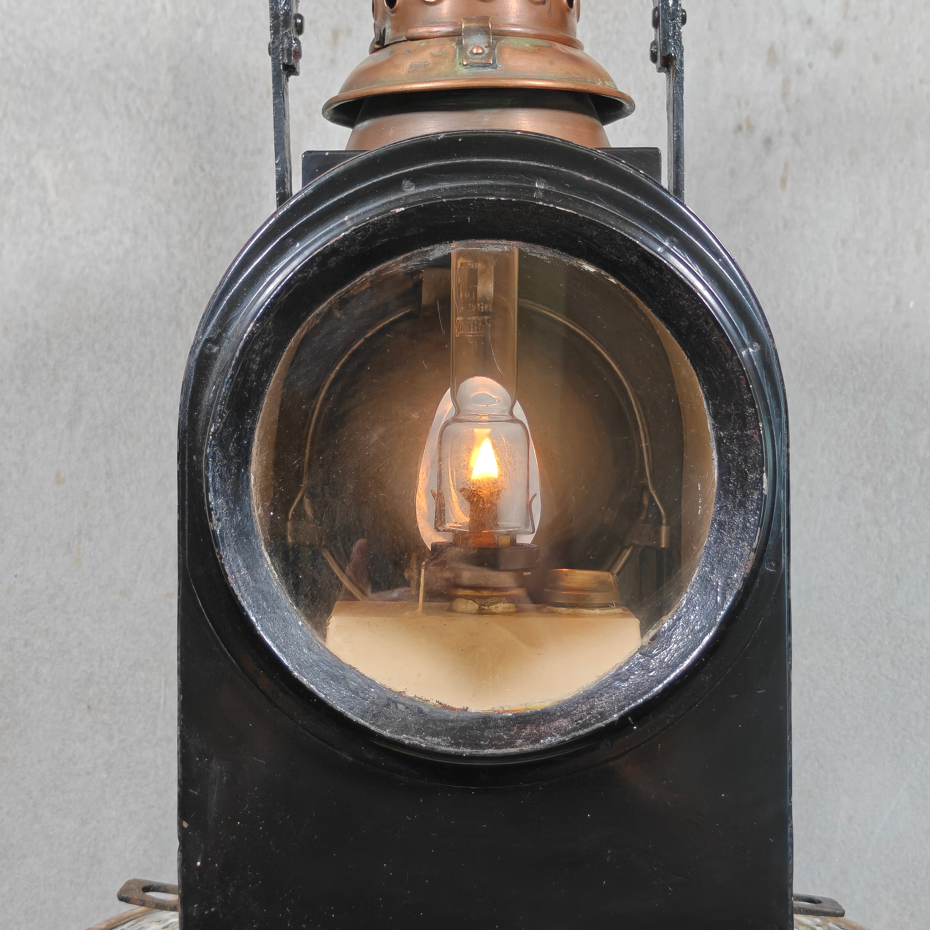 Large Antique Dutch Railway Tail Lamp by J.J. van Dijk – NS Train Signal Lantern with Copper Chimney