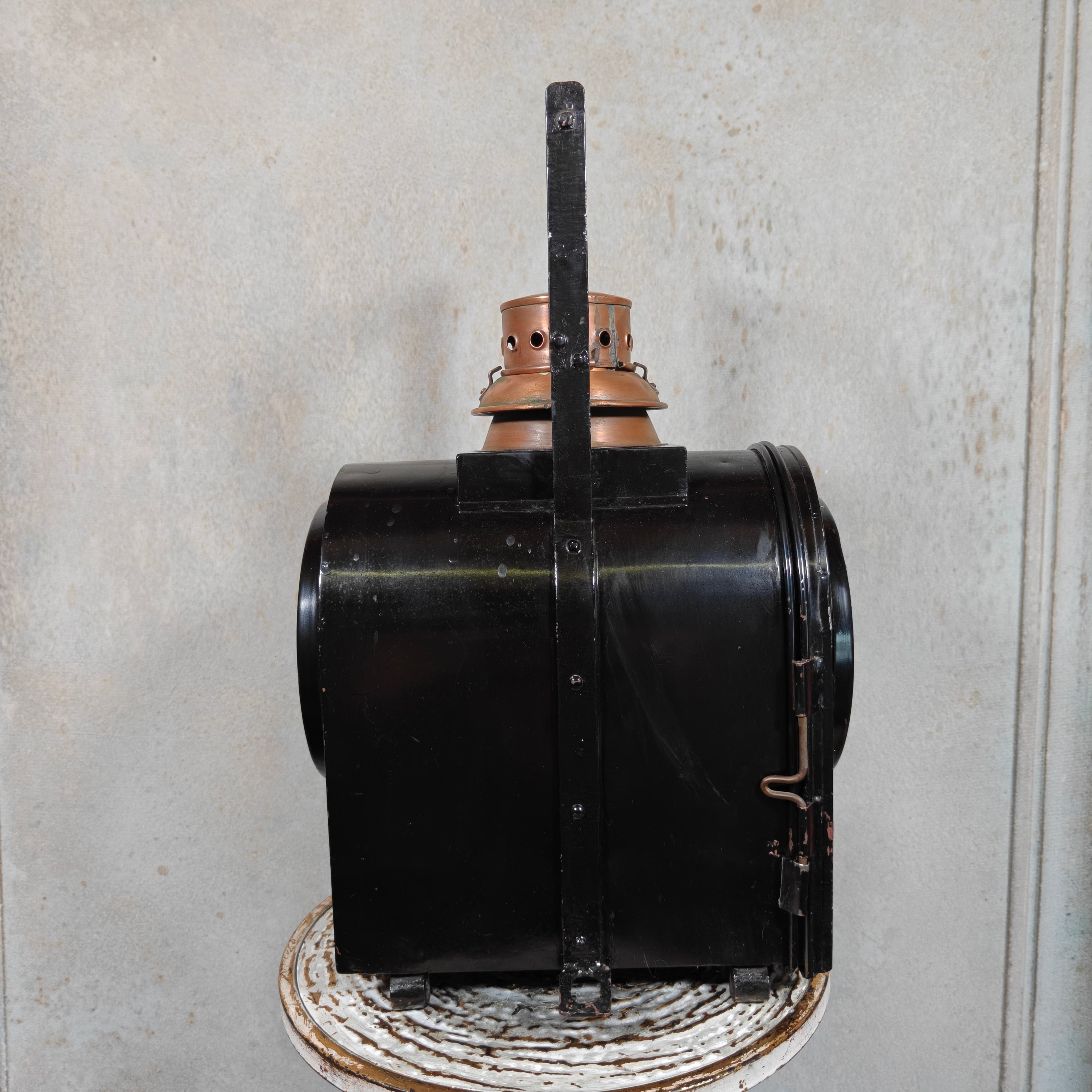 Large Antique Dutch Railway Tail Lamp by J.J. van Dijk – NS Train Signal Lantern with Copper Chimney