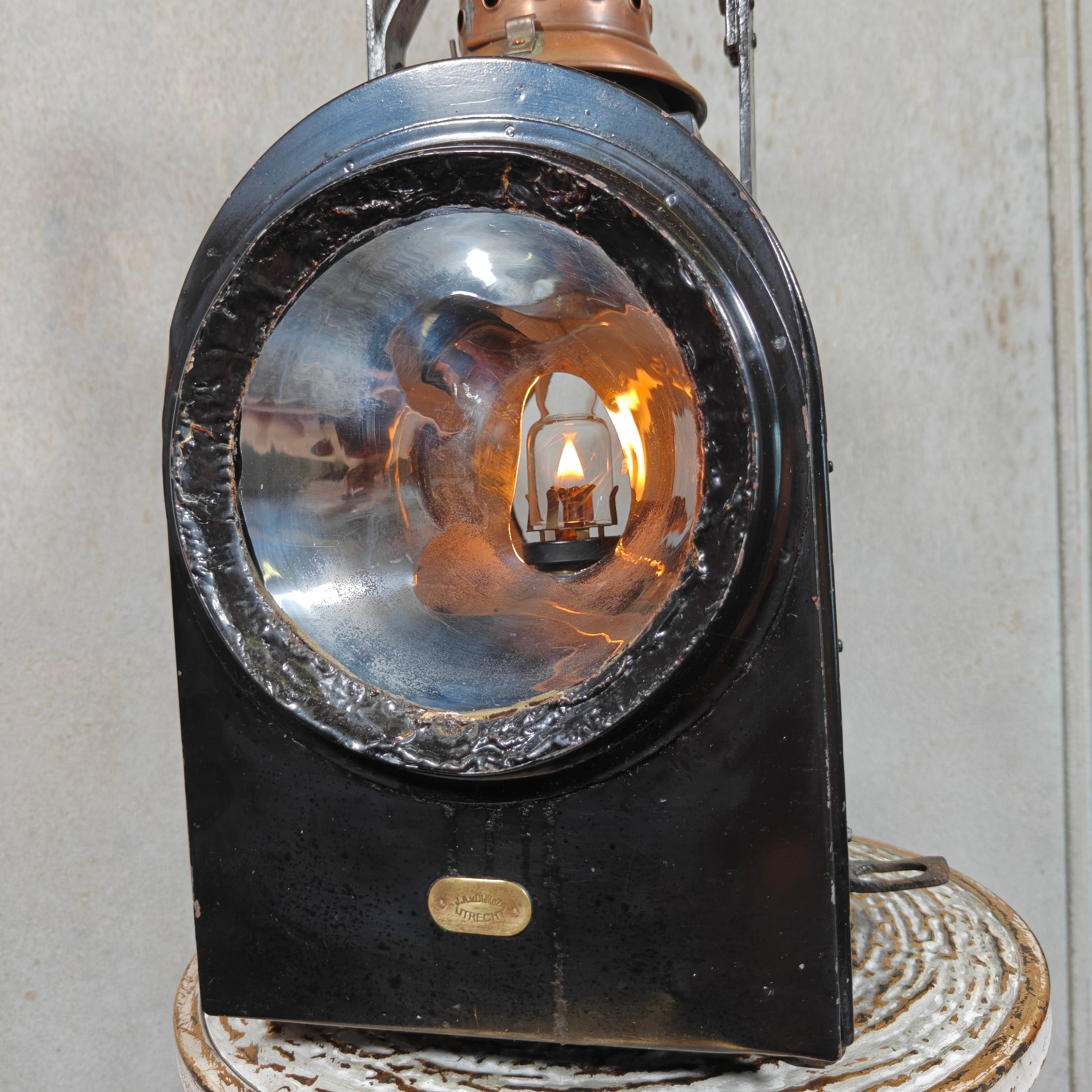 Large Antique Dutch Railway Tail Lamp by J.J. van Dijk – NS Train Signal Lantern with Copper Chimney