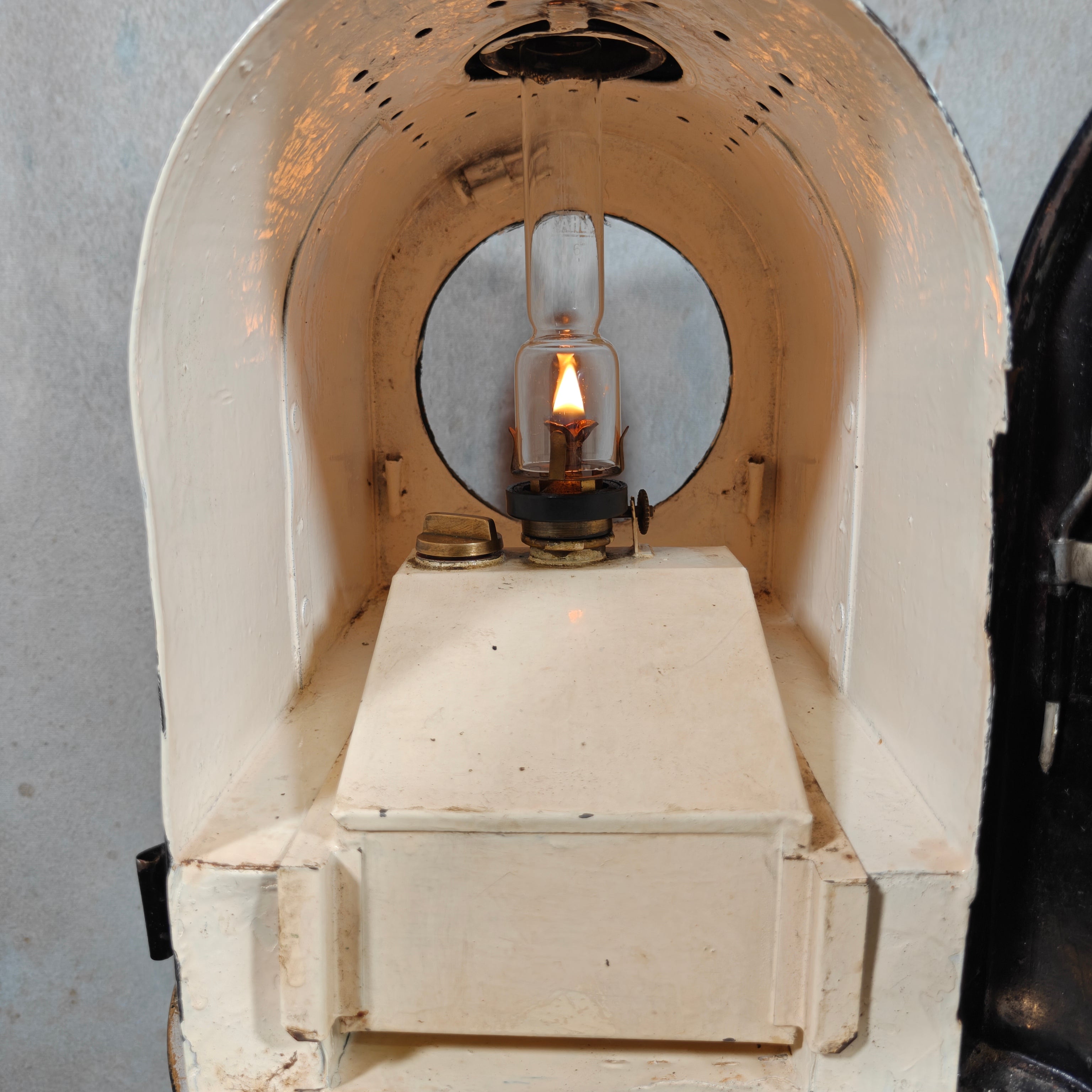 Large Antique Dutch Railway Tail Lamp by J.J. van Dijk – NS Train Signal Lantern with Copper Chimney