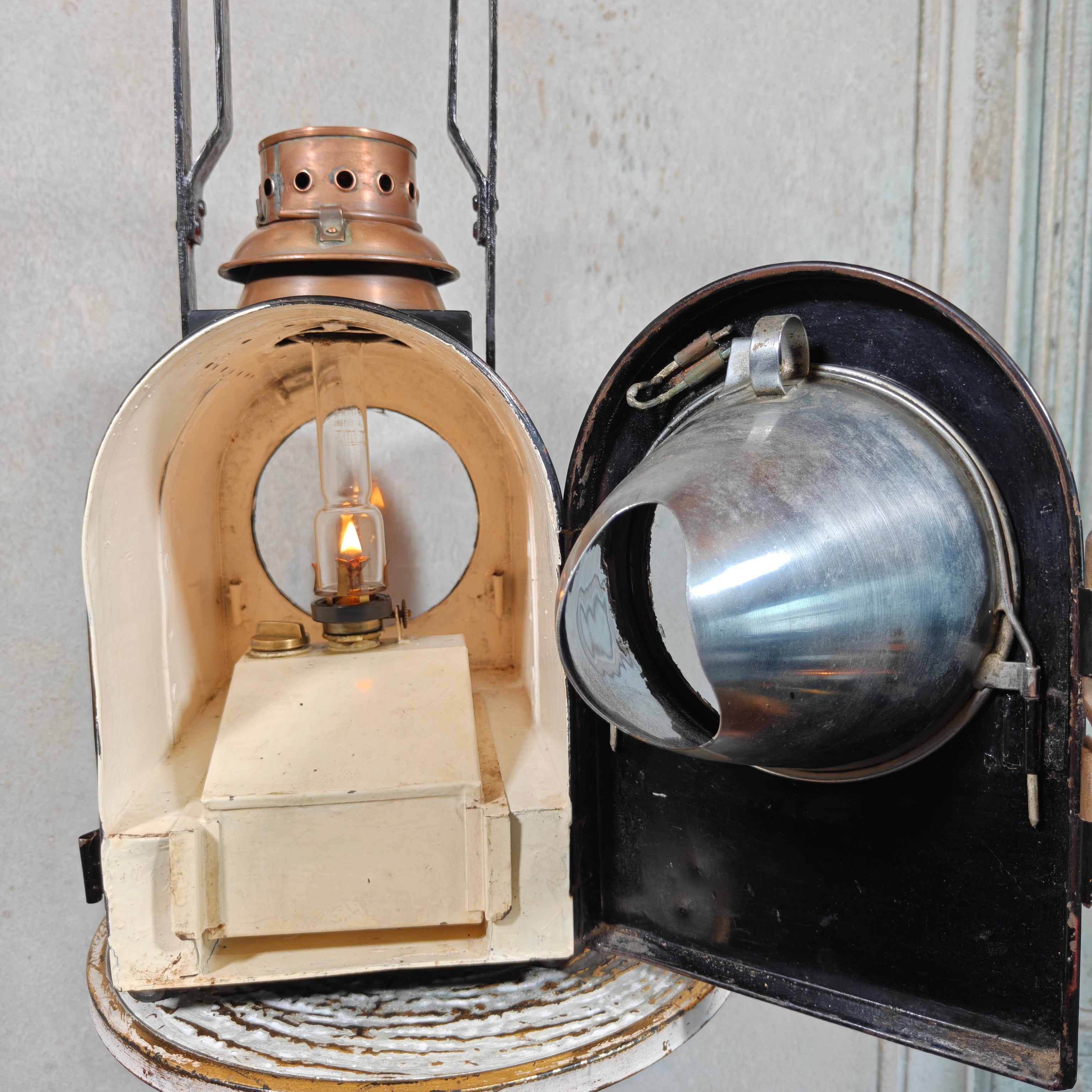 Large Antique Dutch Railway Tail Lamp by J.J. van Dijk – NS Train Signal Lantern with Copper Chimney