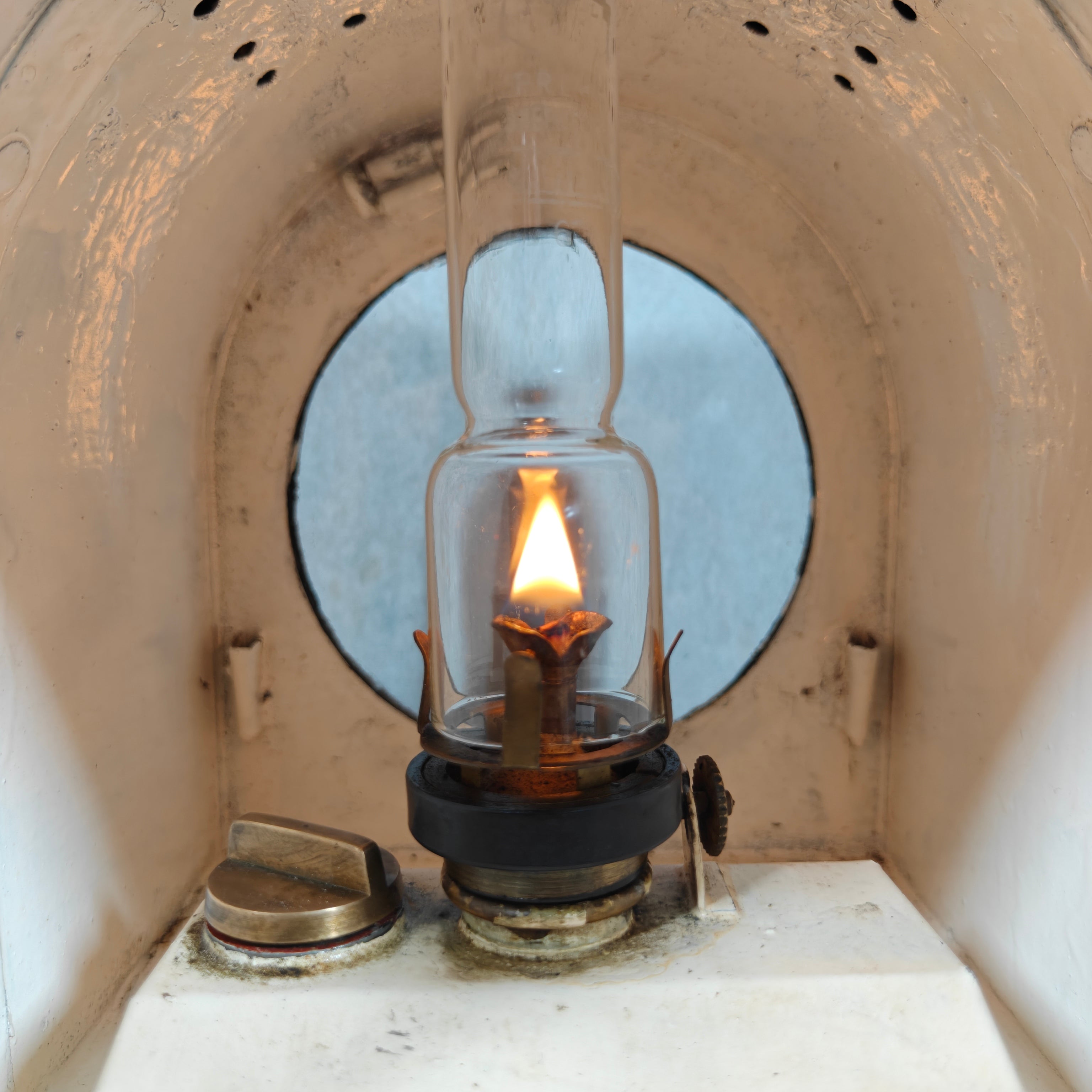 Large Antique Dutch Railway Tail Lamp by J.J. van Dijk – NS Train Signal Lantern with Copper Chimney