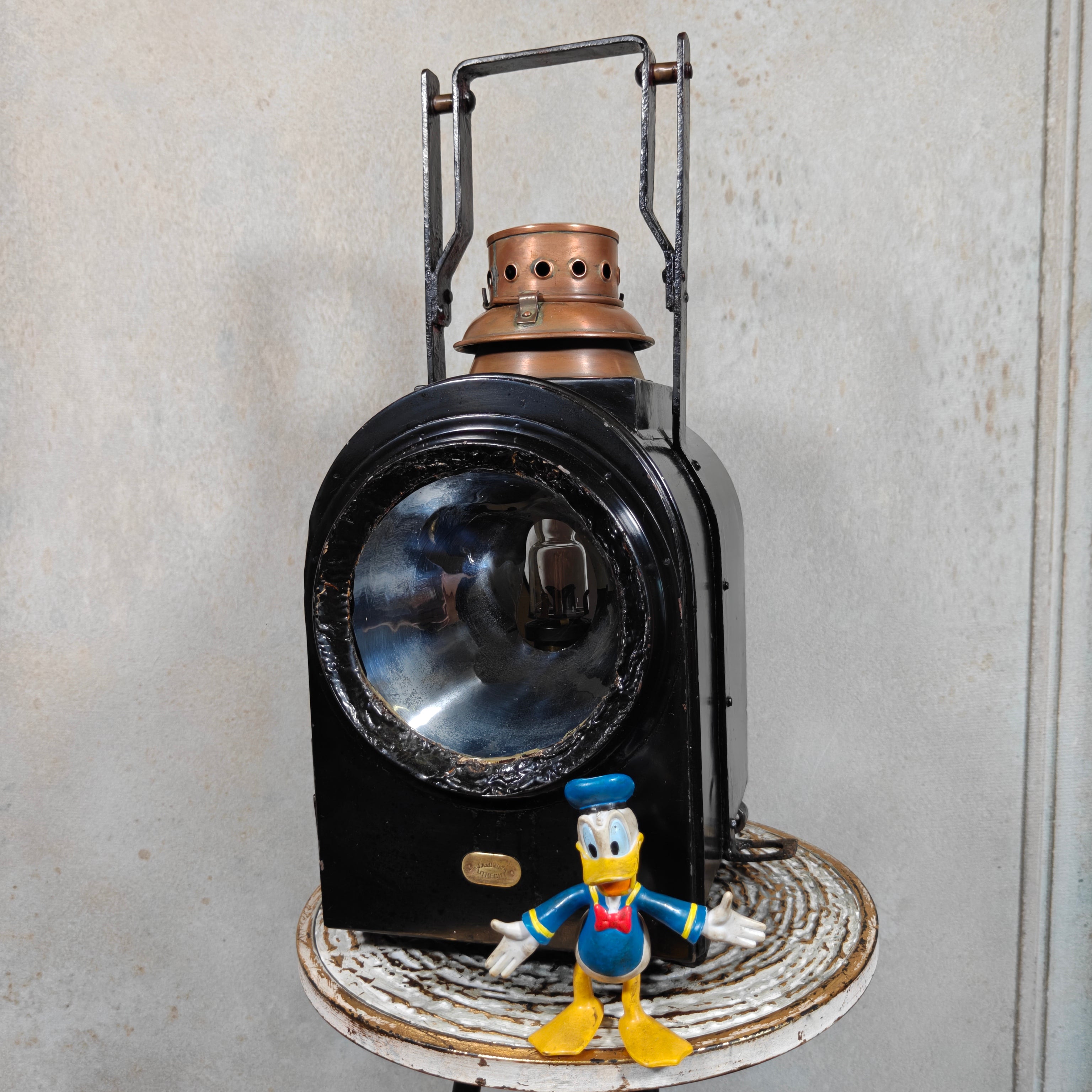 Large Antique Dutch Railway Tail Lamp by J.J. van Dijk – NS Train Signal Lantern with Copper Chimney