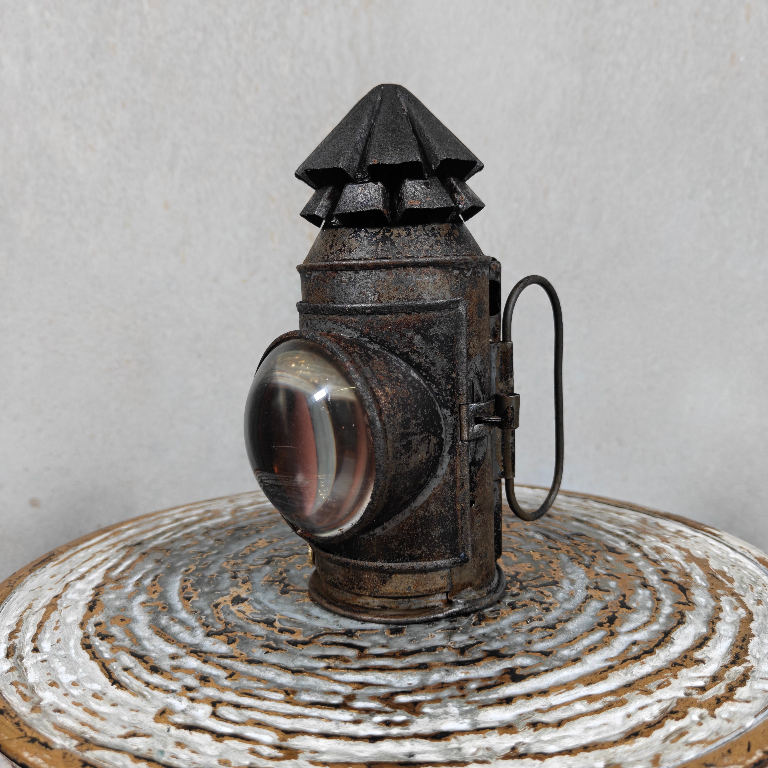 Rare Antique Bullseye Police Lantern – 19th Century Hand Signal Lantern with Candle Holder