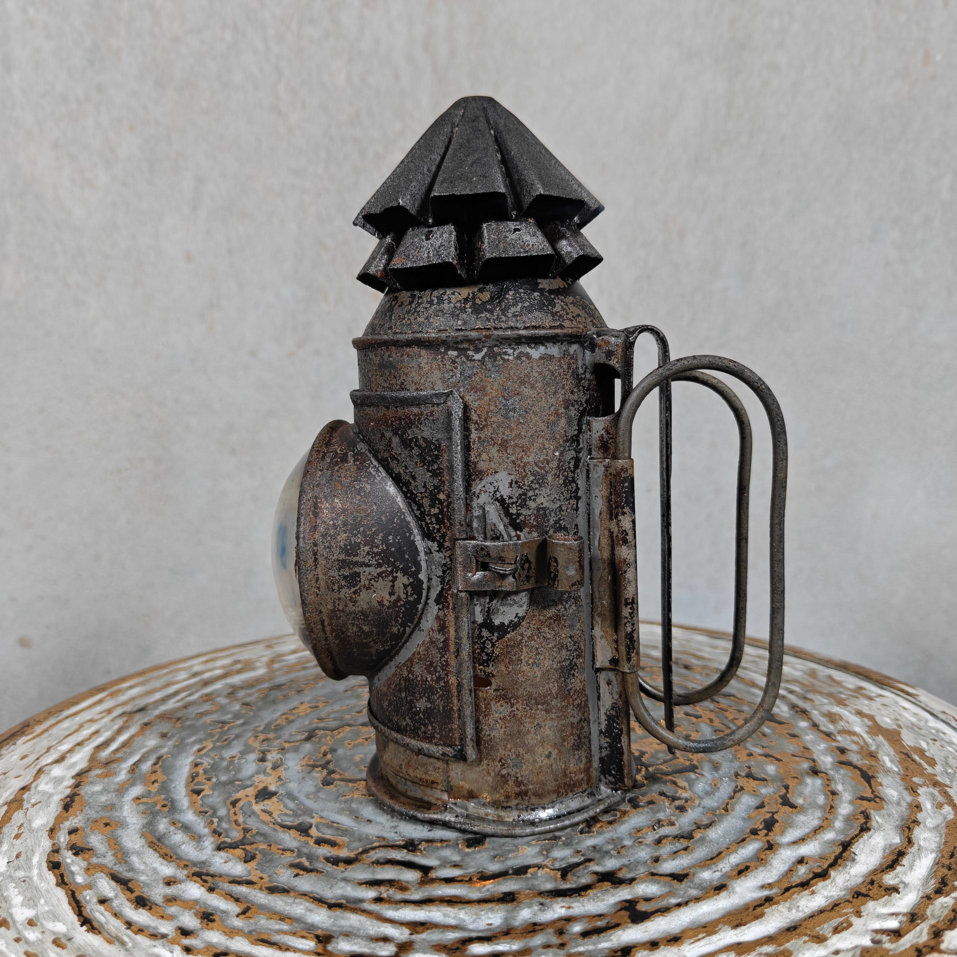 Rare Antique Bullseye Police Lantern – 19th Century Hand Signal Lantern with Candle Holder