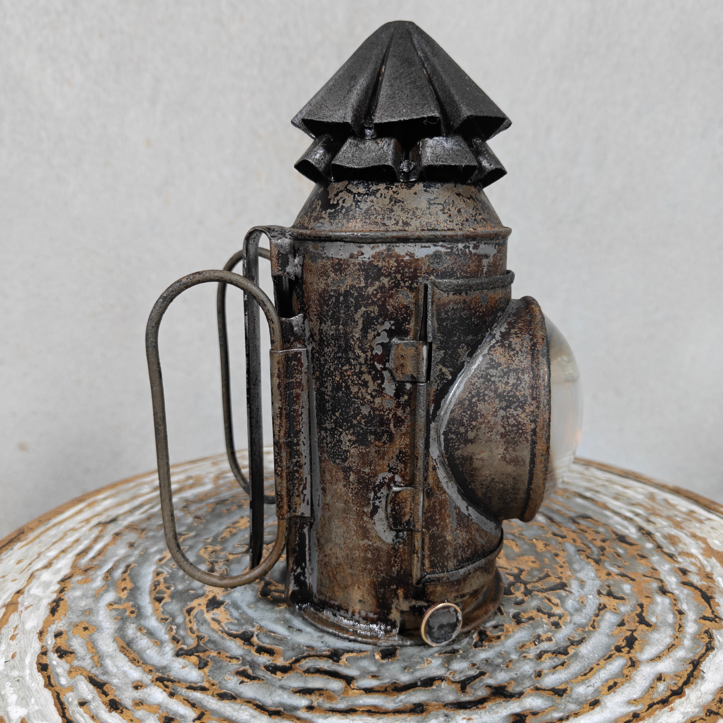 Rare Antique Bullseye Police Lantern – 19th Century Hand Signal Lantern with Candle Holder