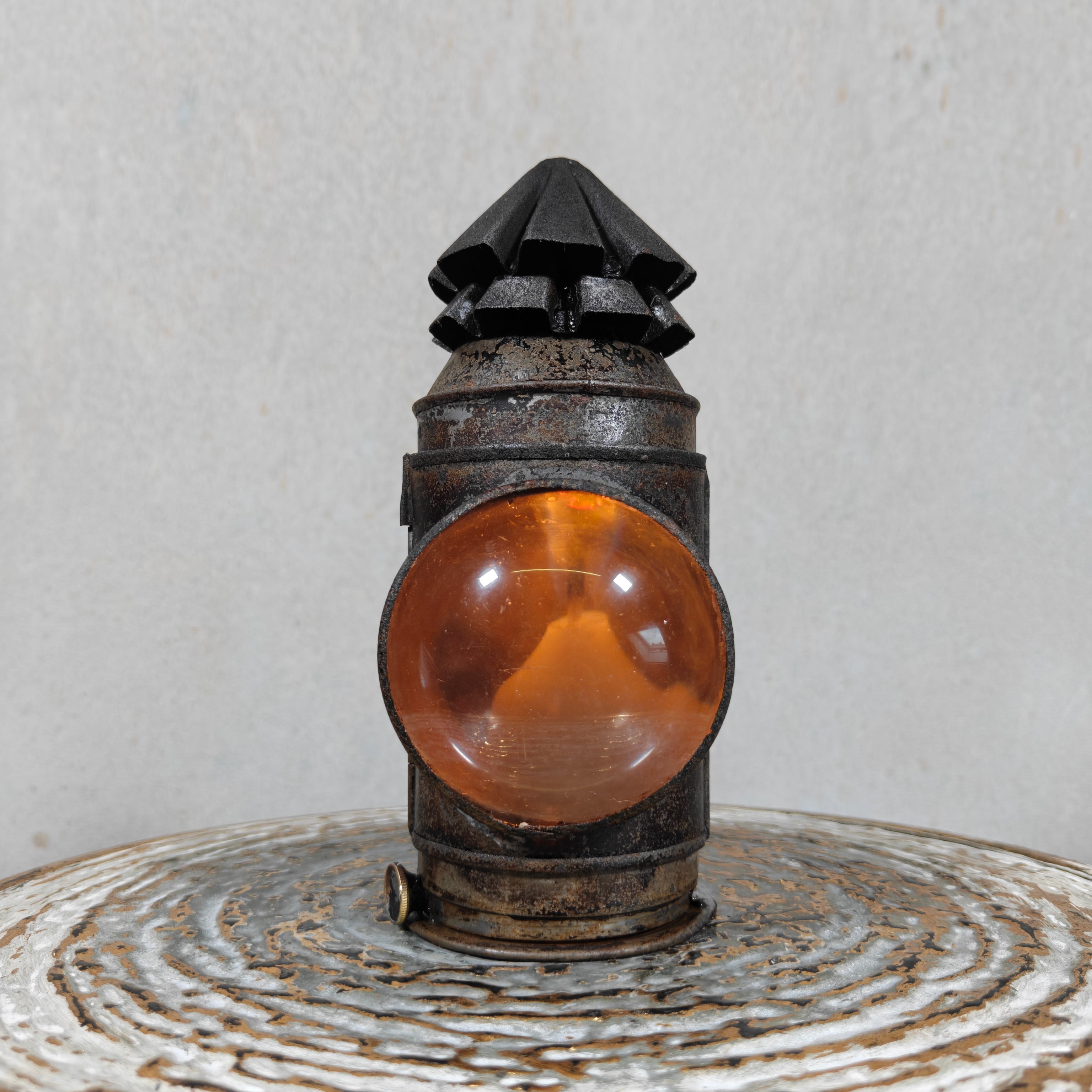 Rare Antique Bullseye Police Lantern – 19th Century Hand Signal Lantern with Candle Holder