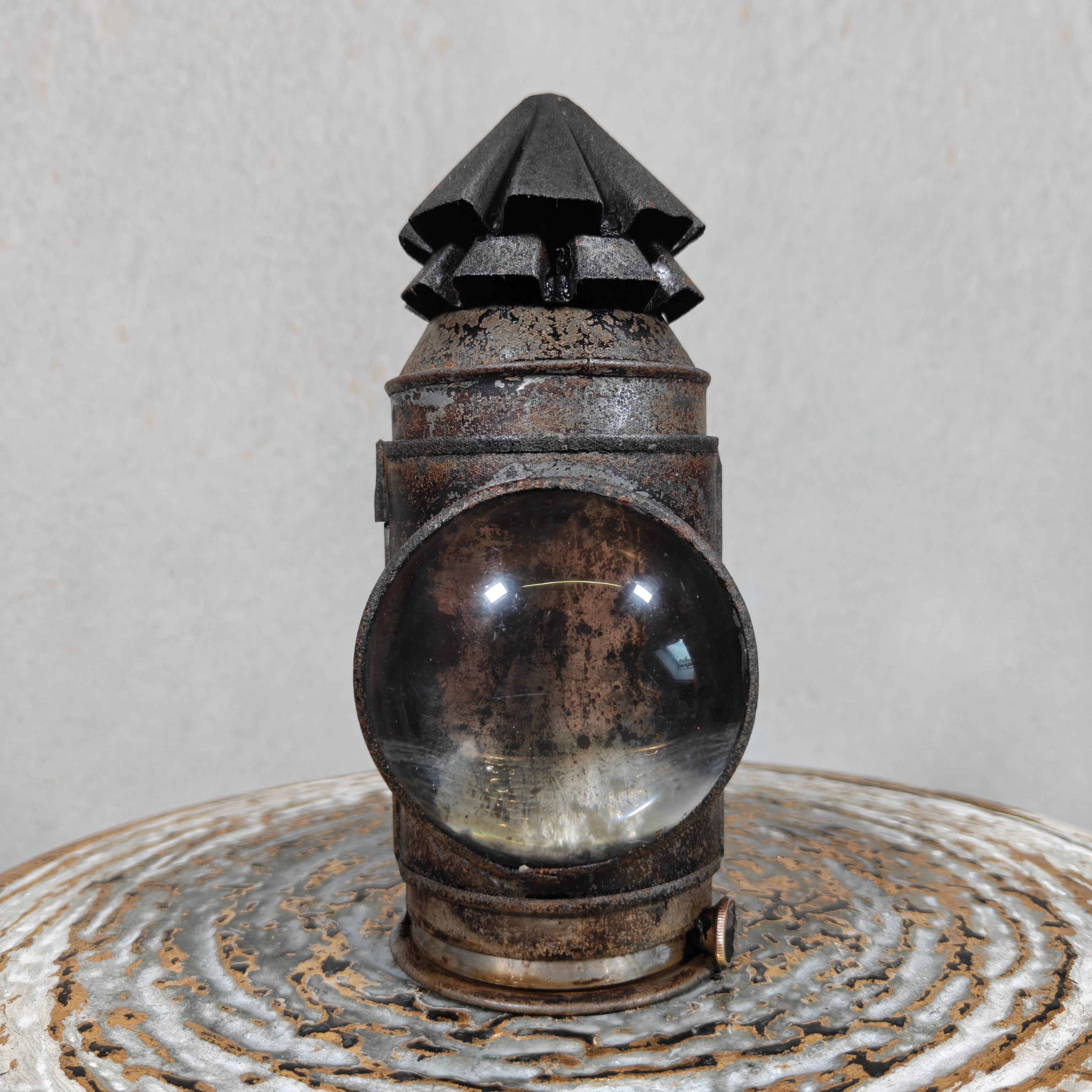 Rare Antique Bullseye Police Lantern – 19th Century Hand Signal Lantern with Candle Holder