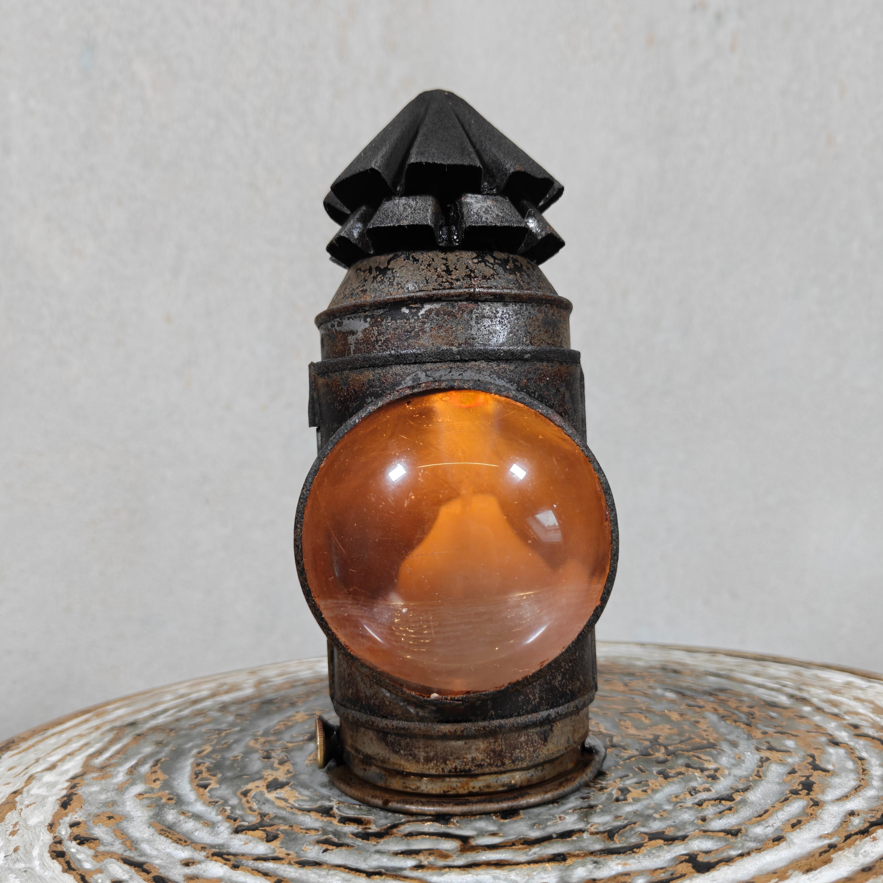 Rare Antique Bullseye Police Lantern – 19th Century Hand Signal Lantern with Candle Holder