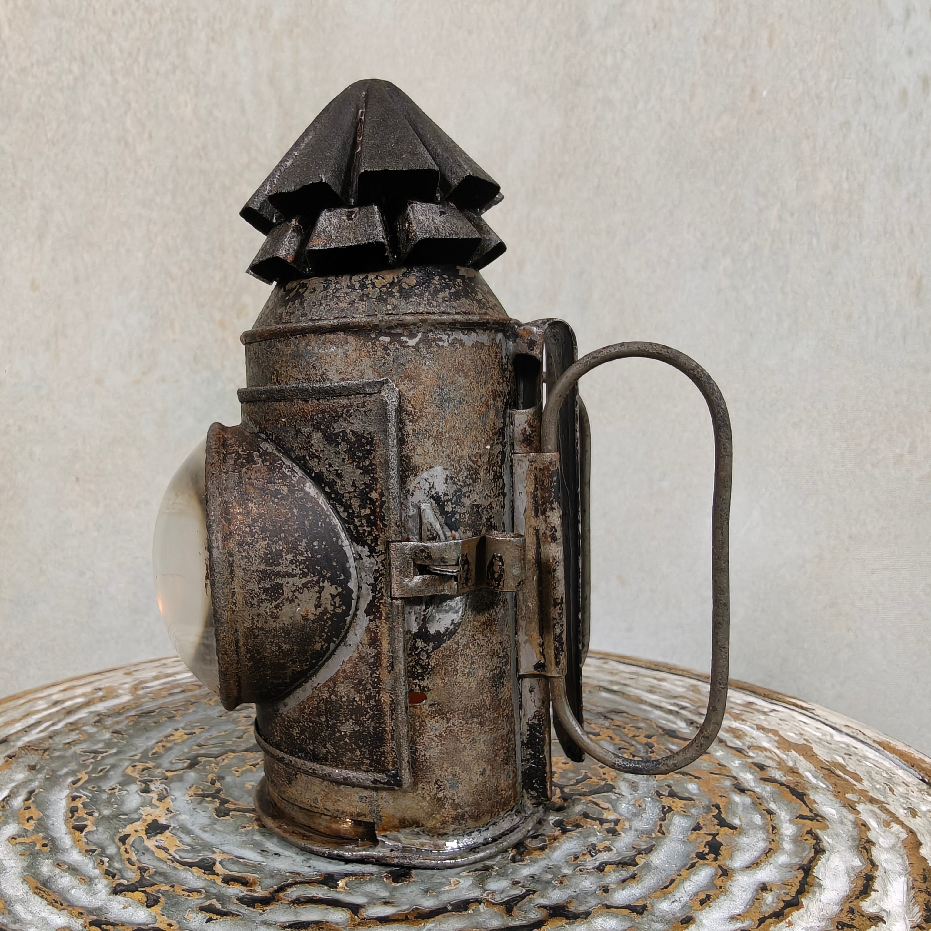 Rare Antique Bullseye Police Lantern – 19th Century Hand Signal Lantern with Candle Holder