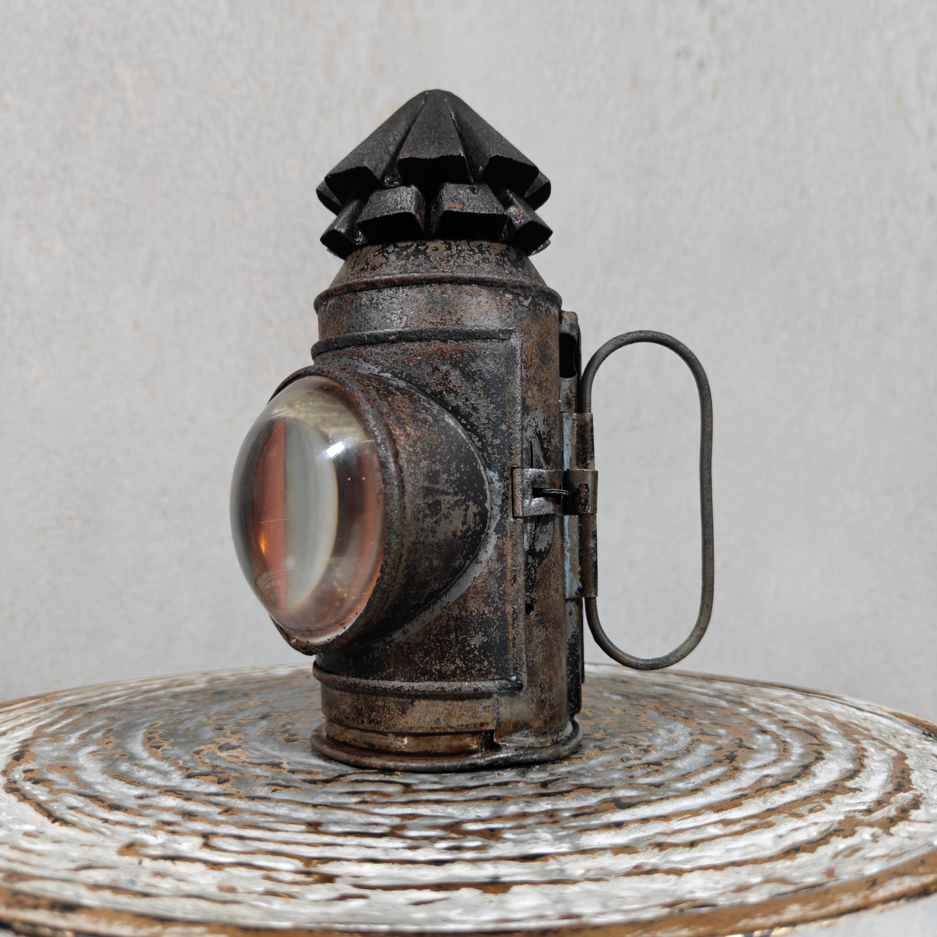 Rare Antique Bullseye Police Lantern – 19th Century Hand Signal Lantern with Candle Holder