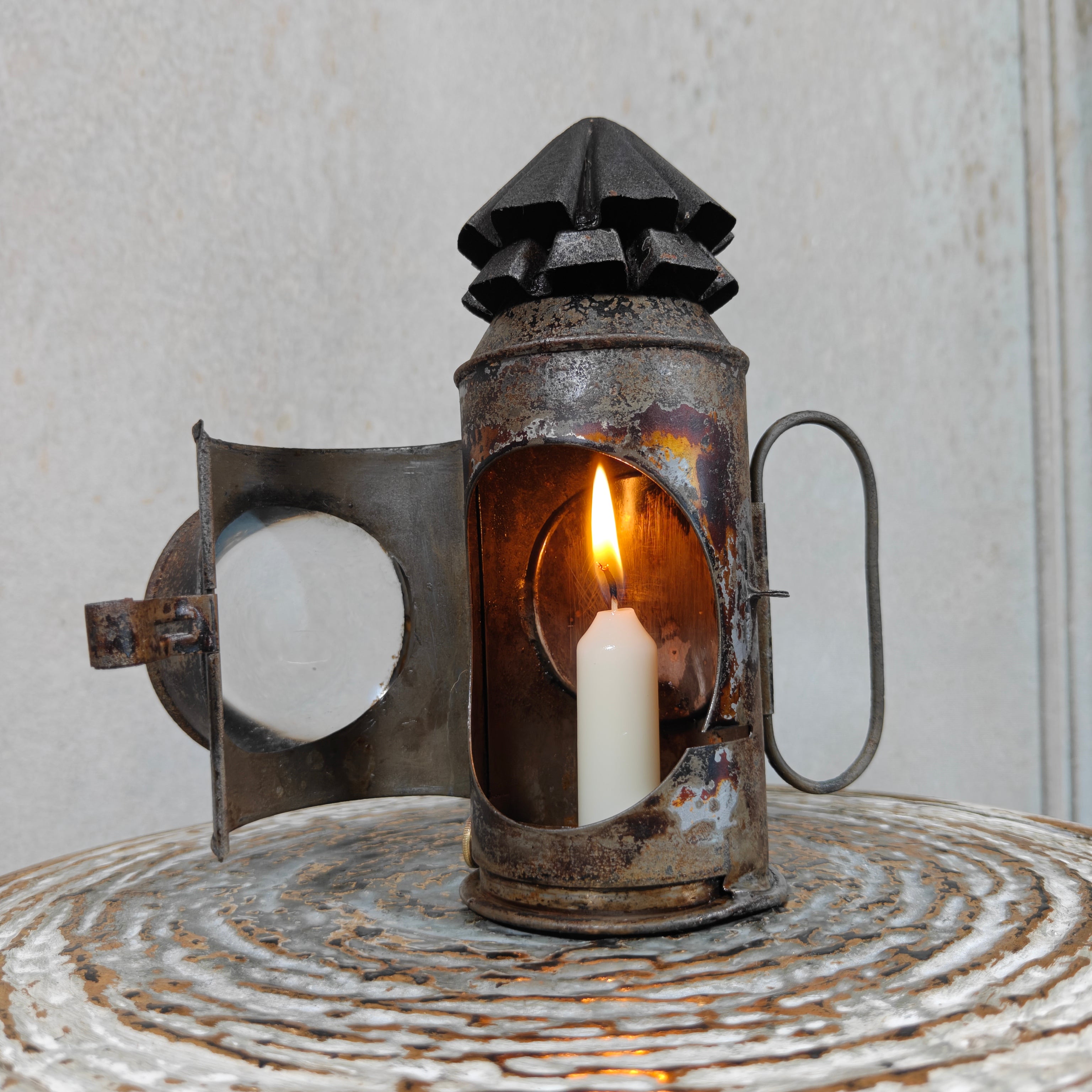Rare Antique Bullseye Police Lantern – 19th Century Hand Signal Lantern with Candle Holder