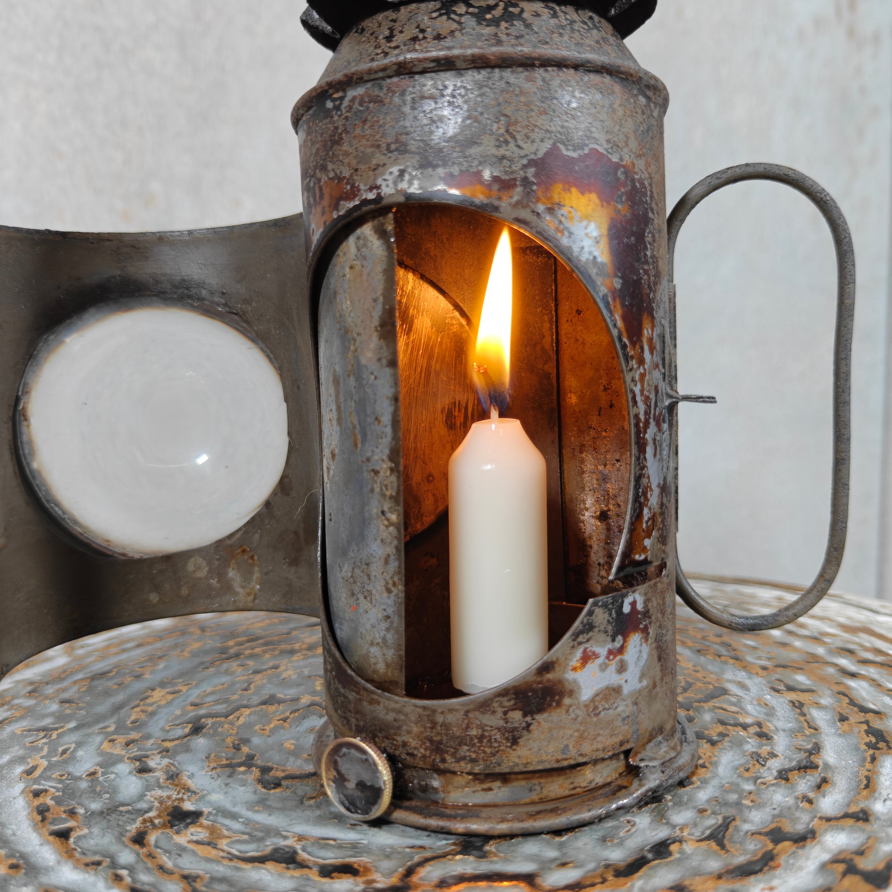 Rare Antique Bullseye Police Lantern – 19th Century Hand Signal Lantern with Candle Holder