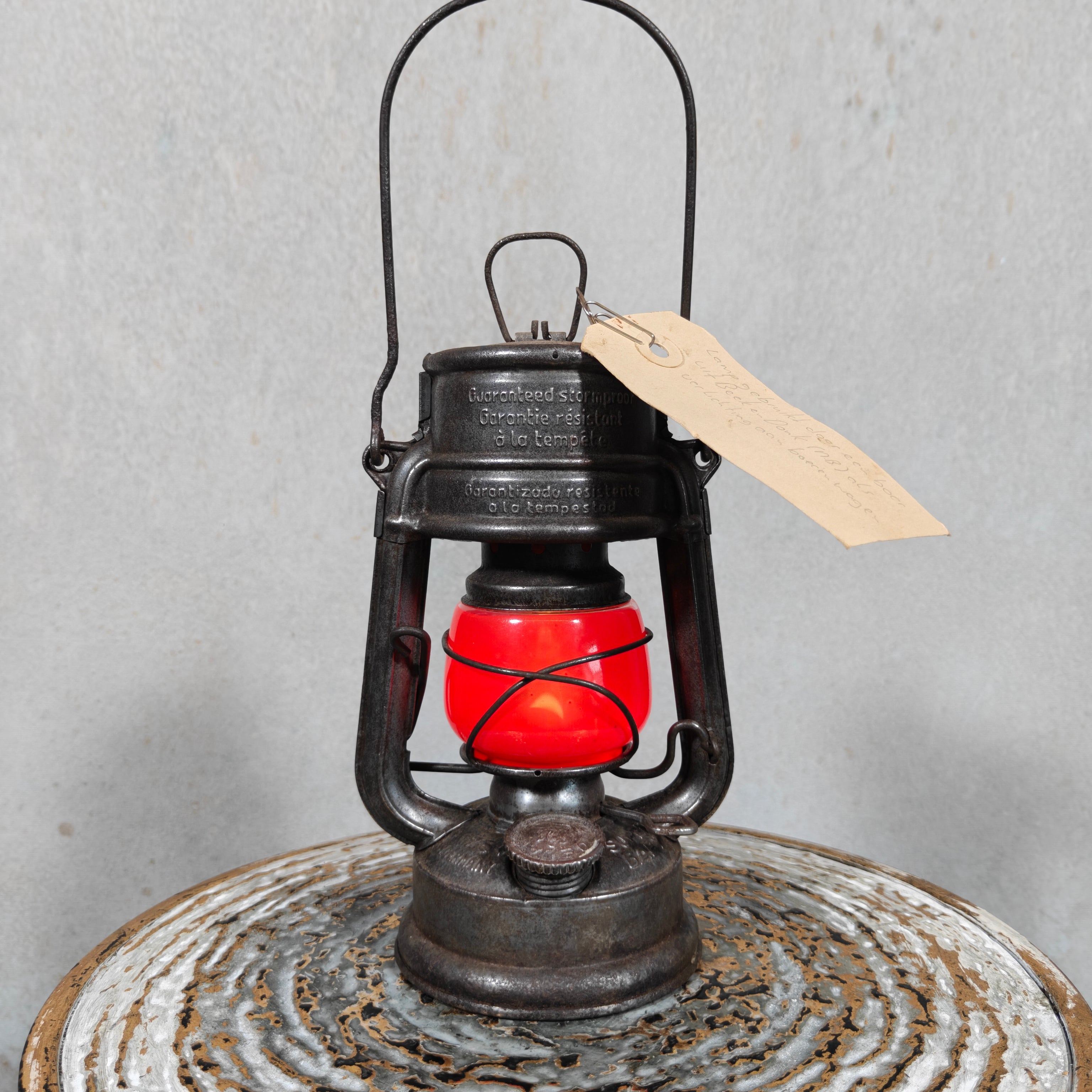 Rare Feuerhand 175 STK Oelab Sturmkappe Hurricane Lantern – West Germany Farm Wagon Lantern with Red Glass