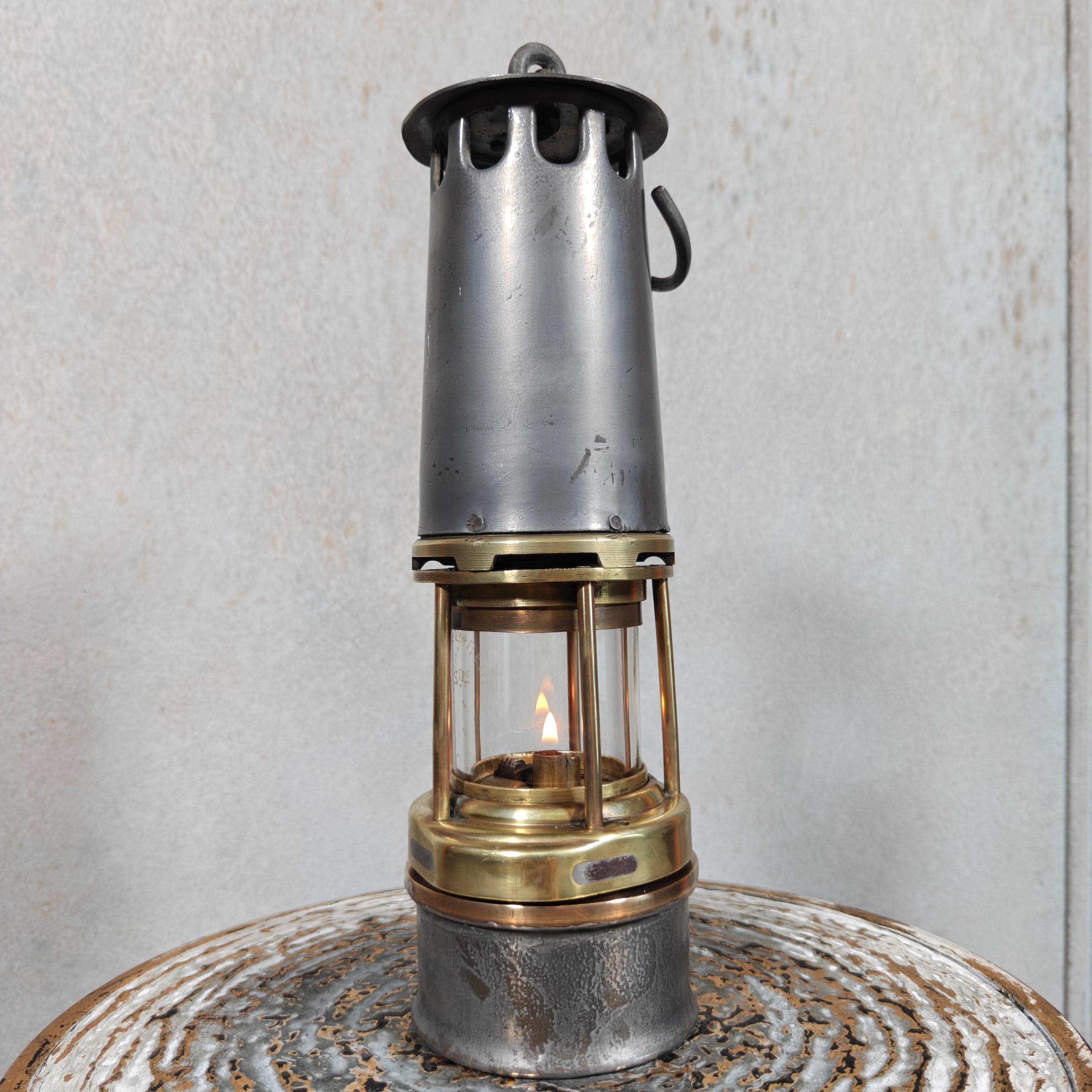 Antique Master Miner’s Lamp with Val Saint Lambert D.S.4 Glass – Oil Mining Lamp circa 1900