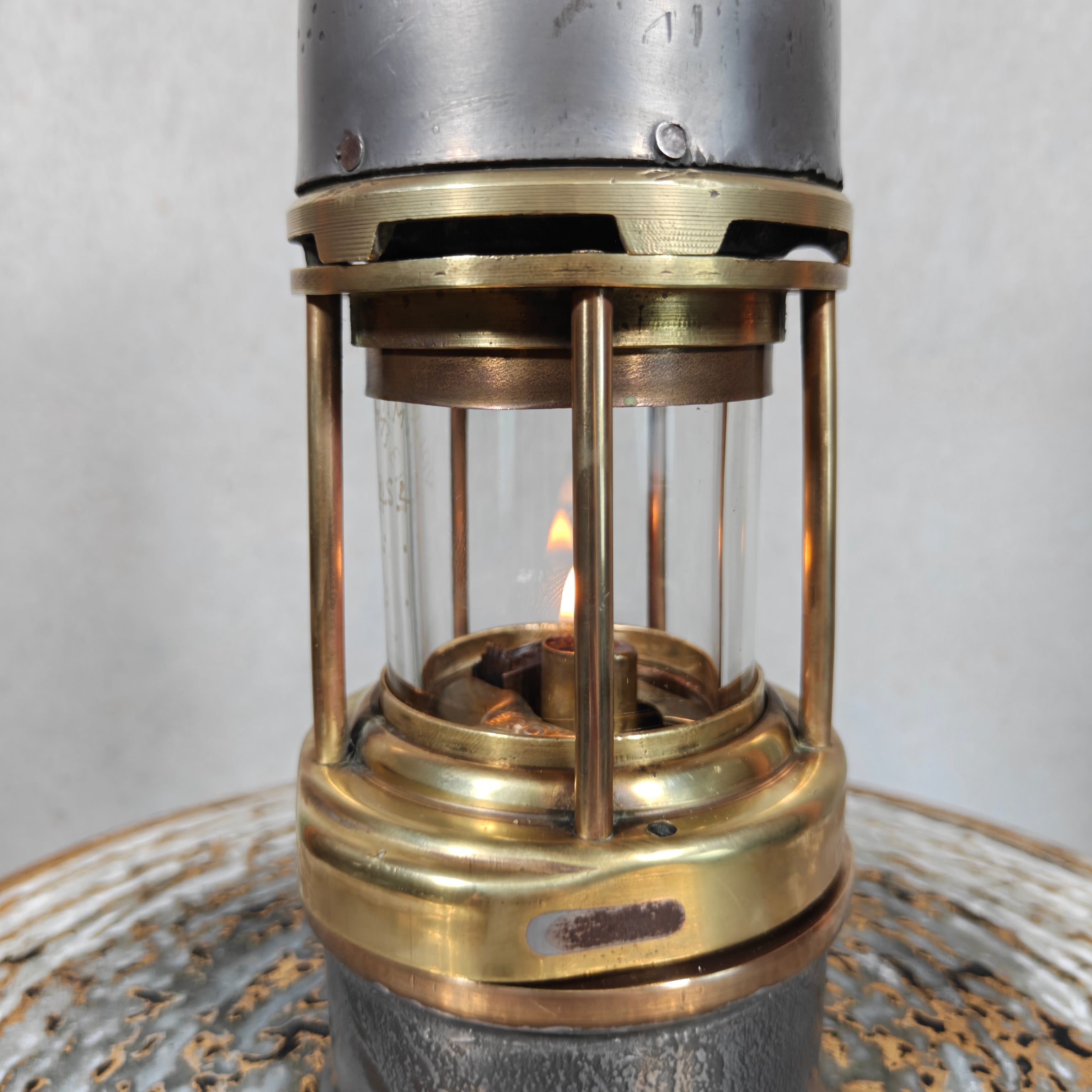 Antique Master Miner’s Lamp with Val Saint Lambert D.S.4 Glass – Oil Mining Lamp circa 1900