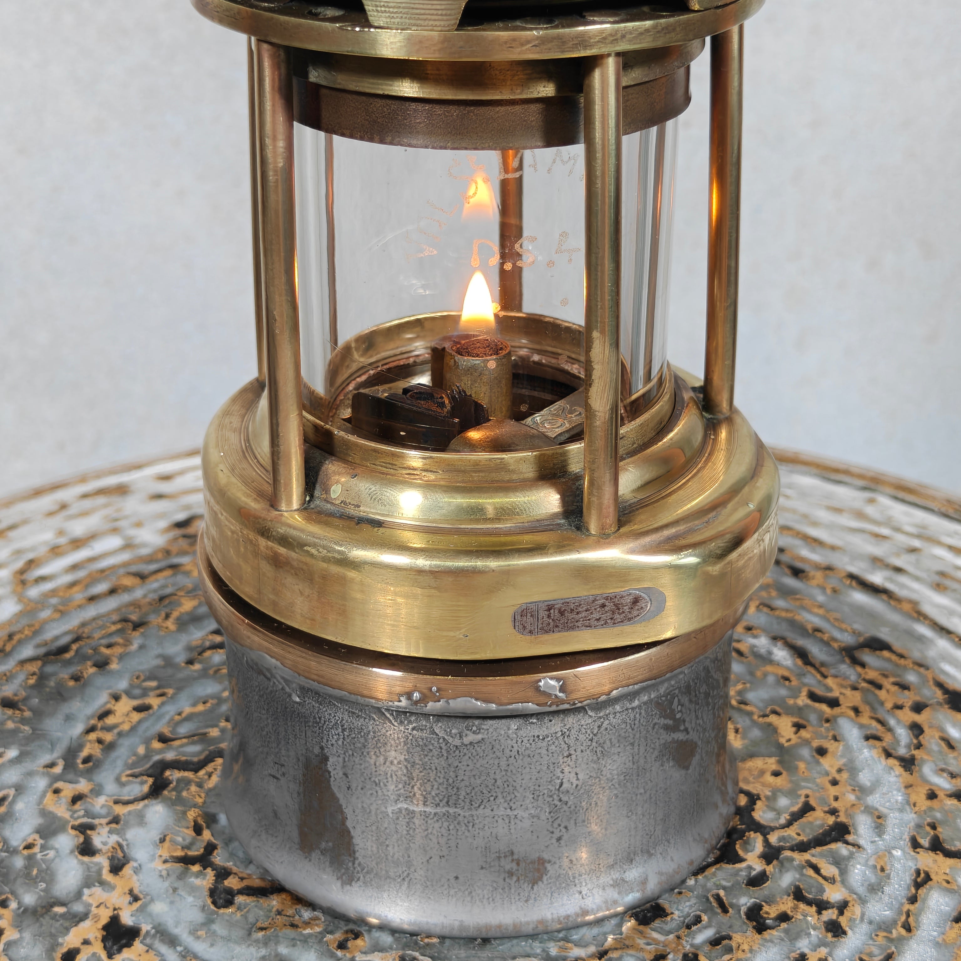 Antique Master Miner’s Lamp with Val Saint Lambert D.S.4 Glass – Oil Mining Lamp circa 1900